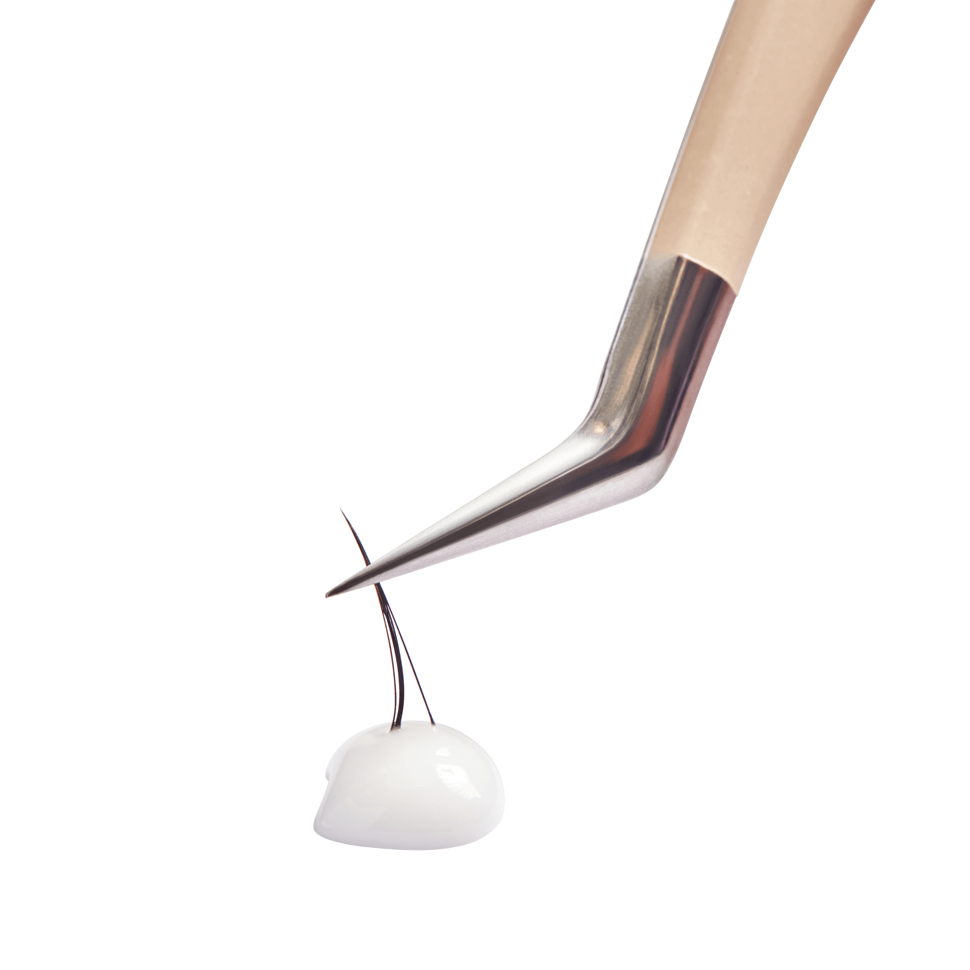 Precision tweezers holding two hairs over white gel or adhesive droplet