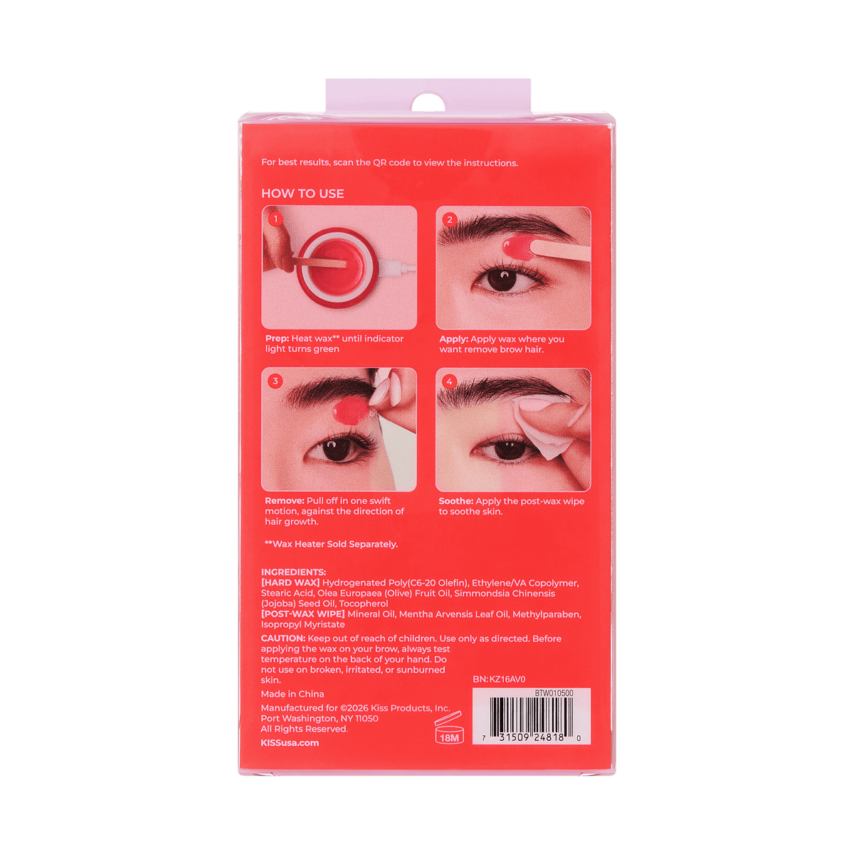 Kiss Brow Wax Kit Refill | Refill, Hard Wax, 10 Applicators, 10 Waxing Strips, 15 Post-Wax Wipes