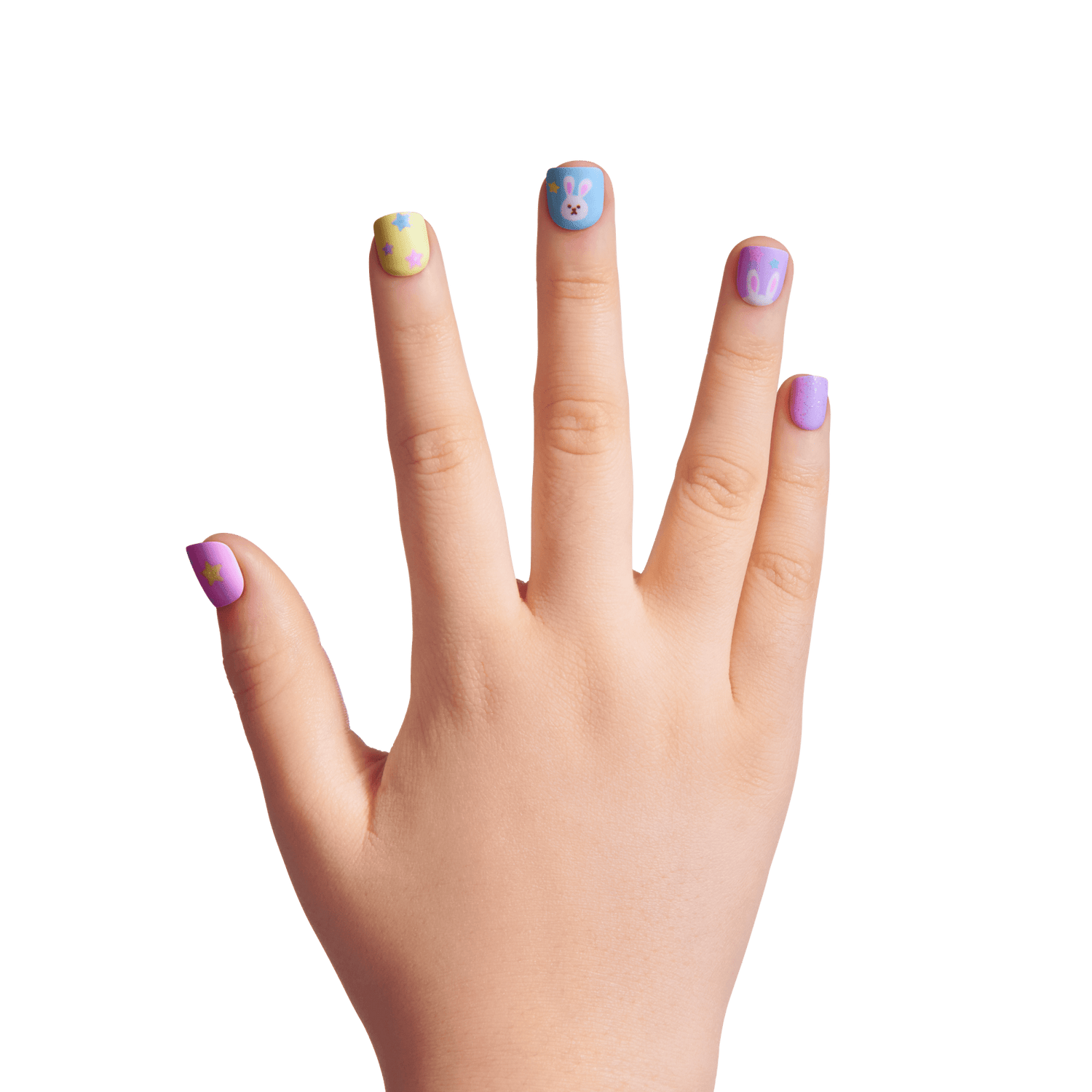 Hand displaying five colorful nail art designs: yellow flowers, blue bunny face, purple gradient, and solid purple nails.