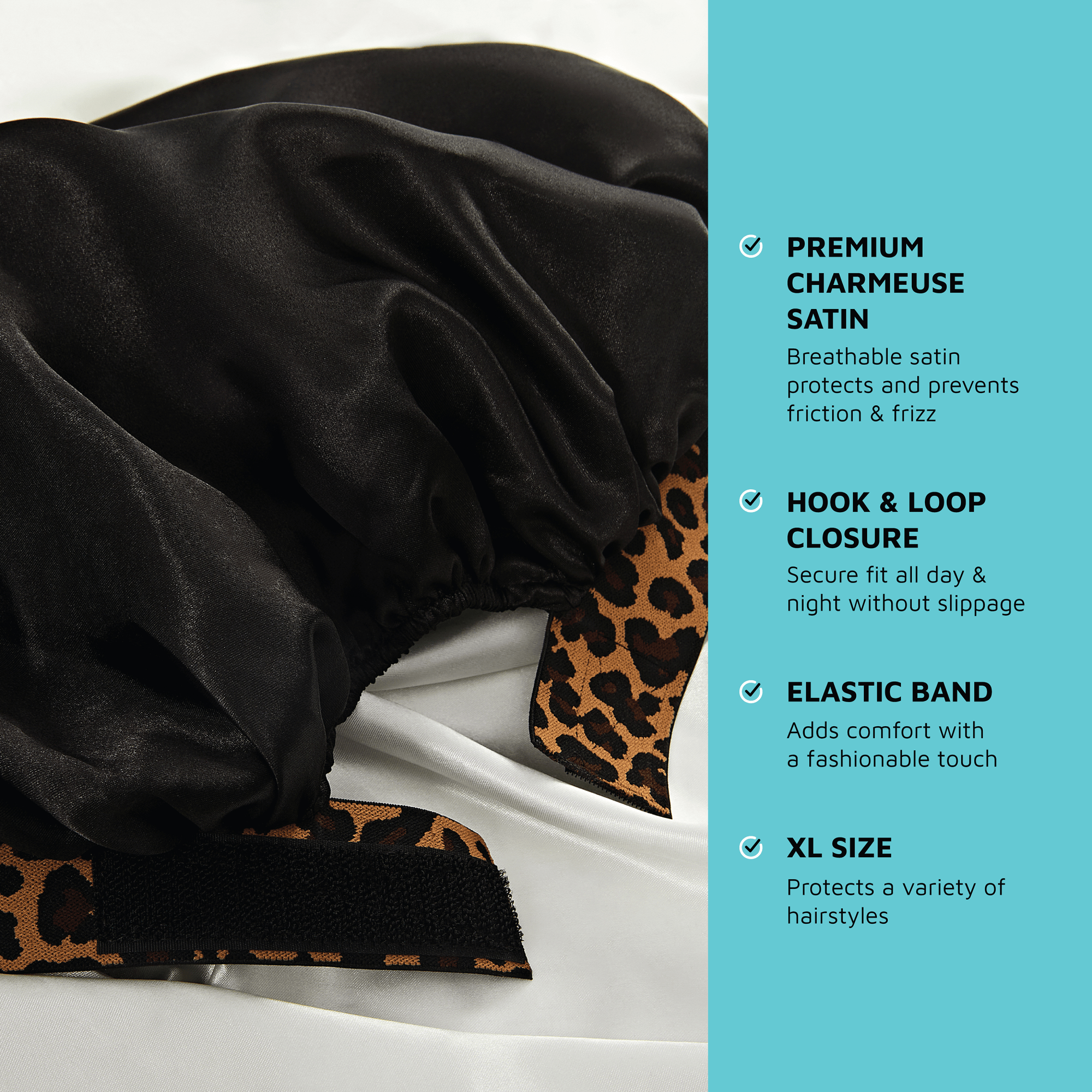 Black satin bonnet with leopard print band and product features listed.