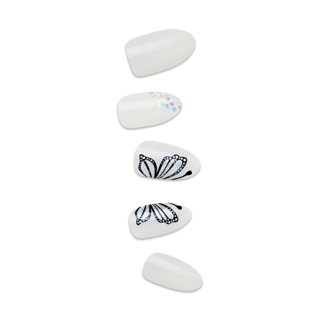 Five press-on nails in white, with two featuring iridescent glitter and two decorated with black-outlined butterfly wings accented by sparkling details.