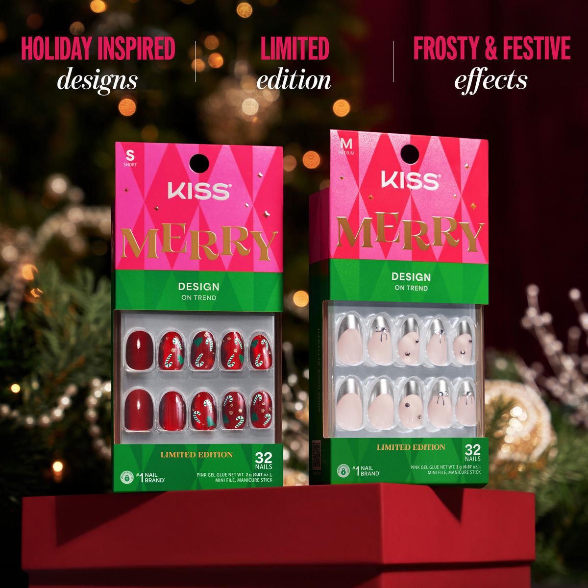 Kiss Merry Holiday Press On Fake Glue Nails - Deck The Nails | Design, Red &amp; White, Medium, Almond
