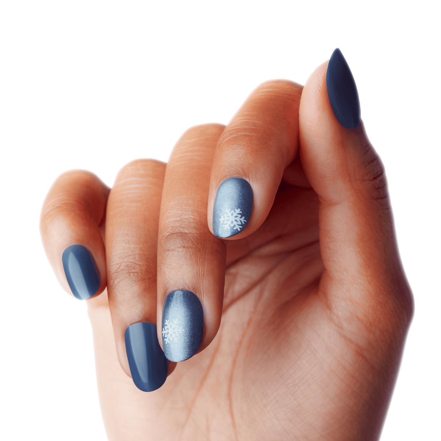 Hand with medium-length almond-shaped nails painted matte and glossy icy blue, two nails featuring white snowflake designs.
