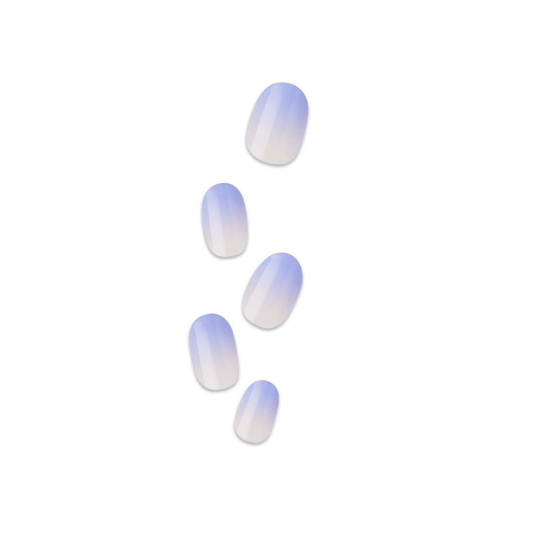 Five press-on nails with a gradient color transitioning from light purple at the top to off-white at the base, shown against a plain background.