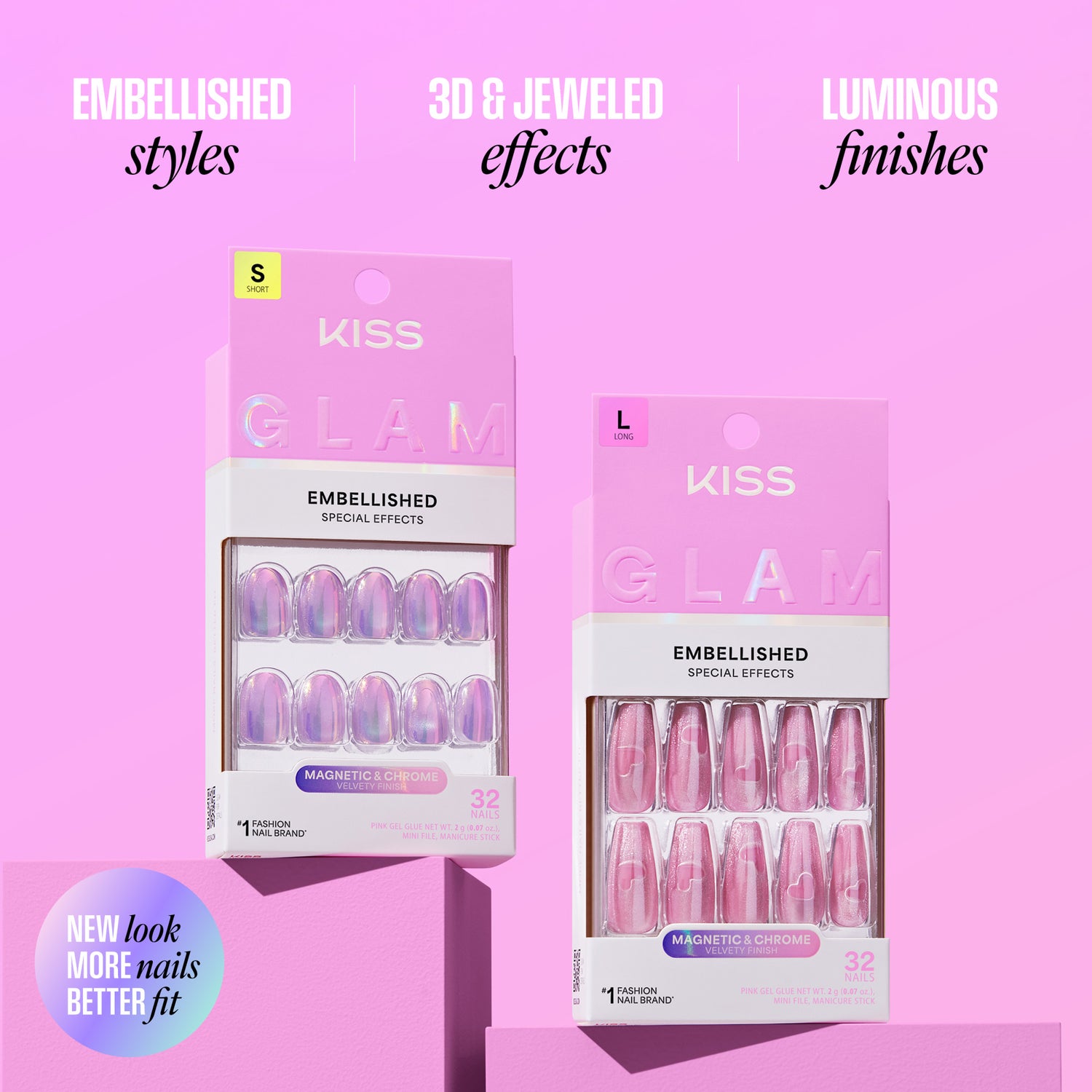 Kiss Glam Embellished Press On Fake Glue Nails - Velvet Noir | 3D &amp; Jewel Design, Pink, Medium, Almond