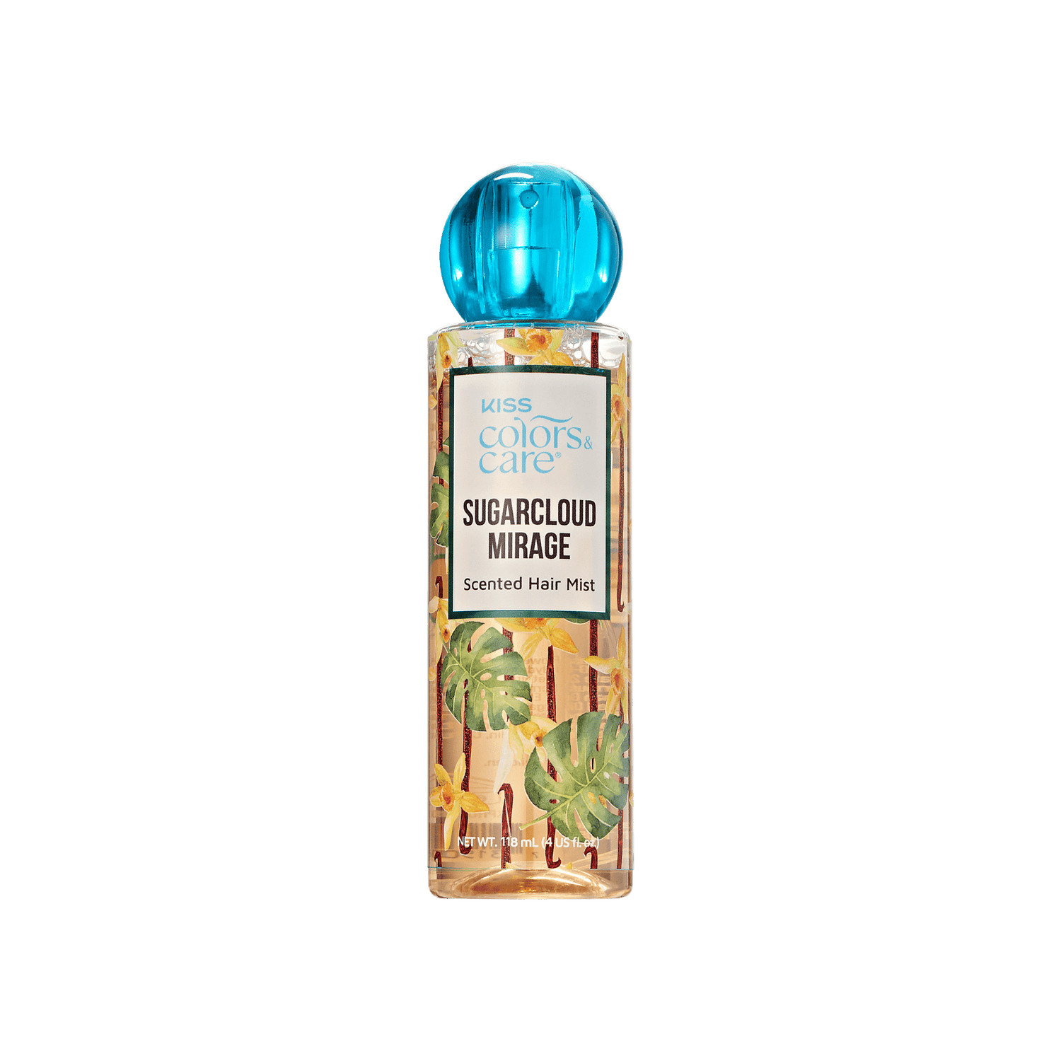 Clear spray bottle with blue round cap, decorated with tropical leaves and yellow flowers, labeled "KISS Colors &amp; Care Sugarcloud Mirage Scented Hair Mist."