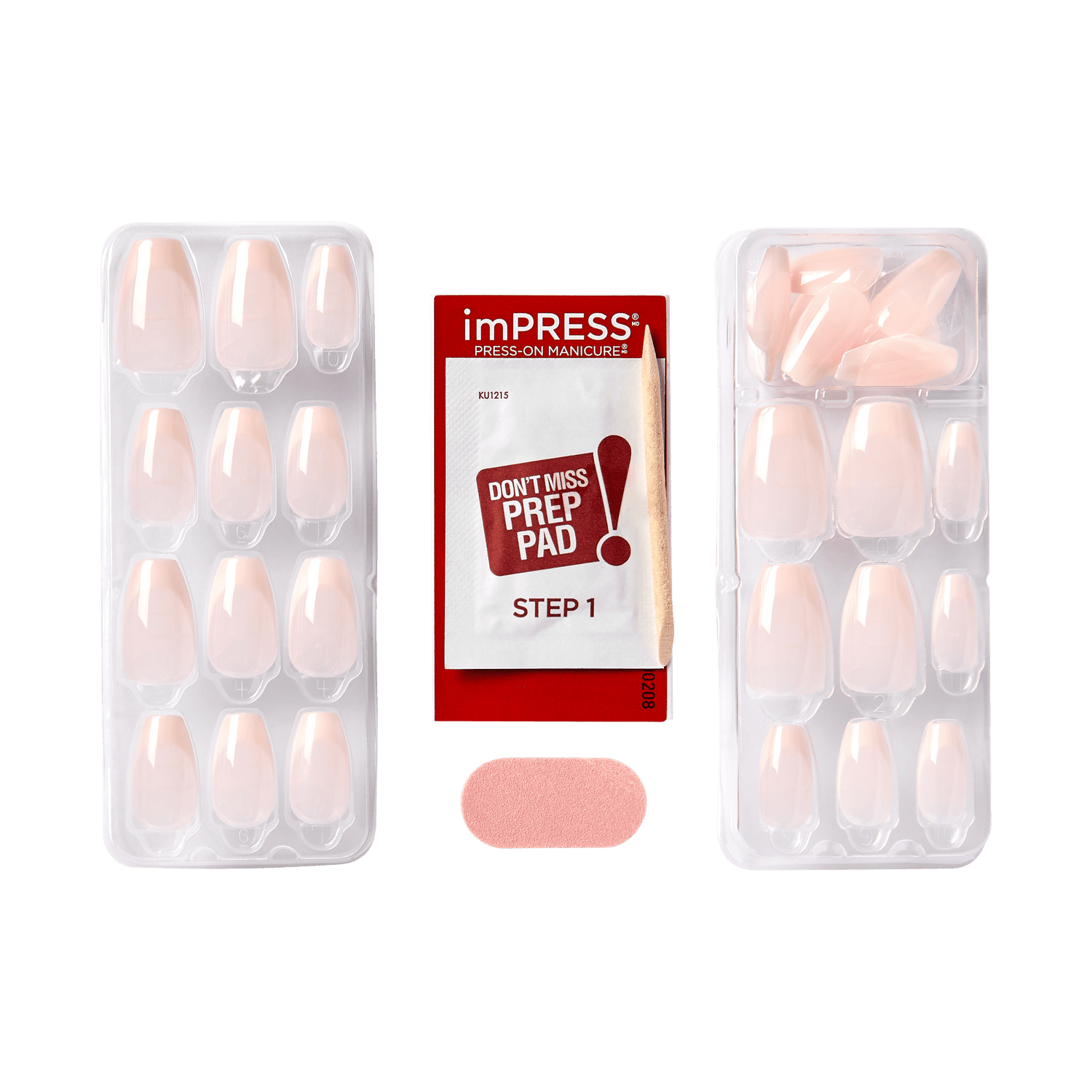 Two blister packs of pale pink press-on nails, a red and white prep pad packet labeled \