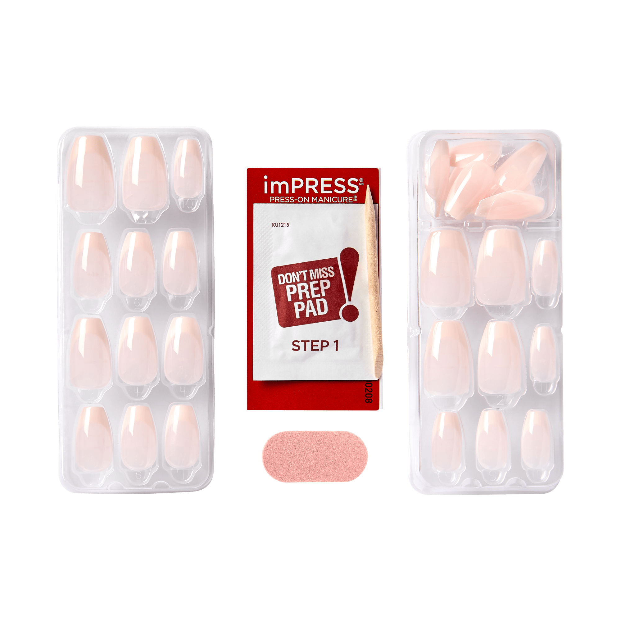 Two blister packs of pale pink press-on nails, a red and white prep pad packet labeled \
