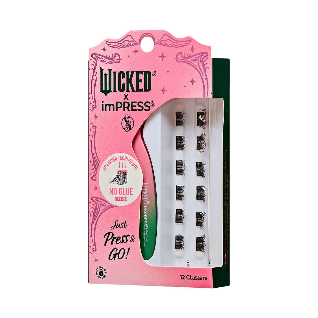 The image features a packaging for a beauty product called "Wicked x imPRESS." The design is vibrant and playful, with a pink background and green accents. The packaging showcases a set of 12 lash clusters, emphasizing that no glue is needed for application. The text "Just Press &amp; Go!" is prominently displayed, highlighting the ease of use. The overall aesthetic is modern and appealing, targeting individuals looking for convenient lash enhancements.