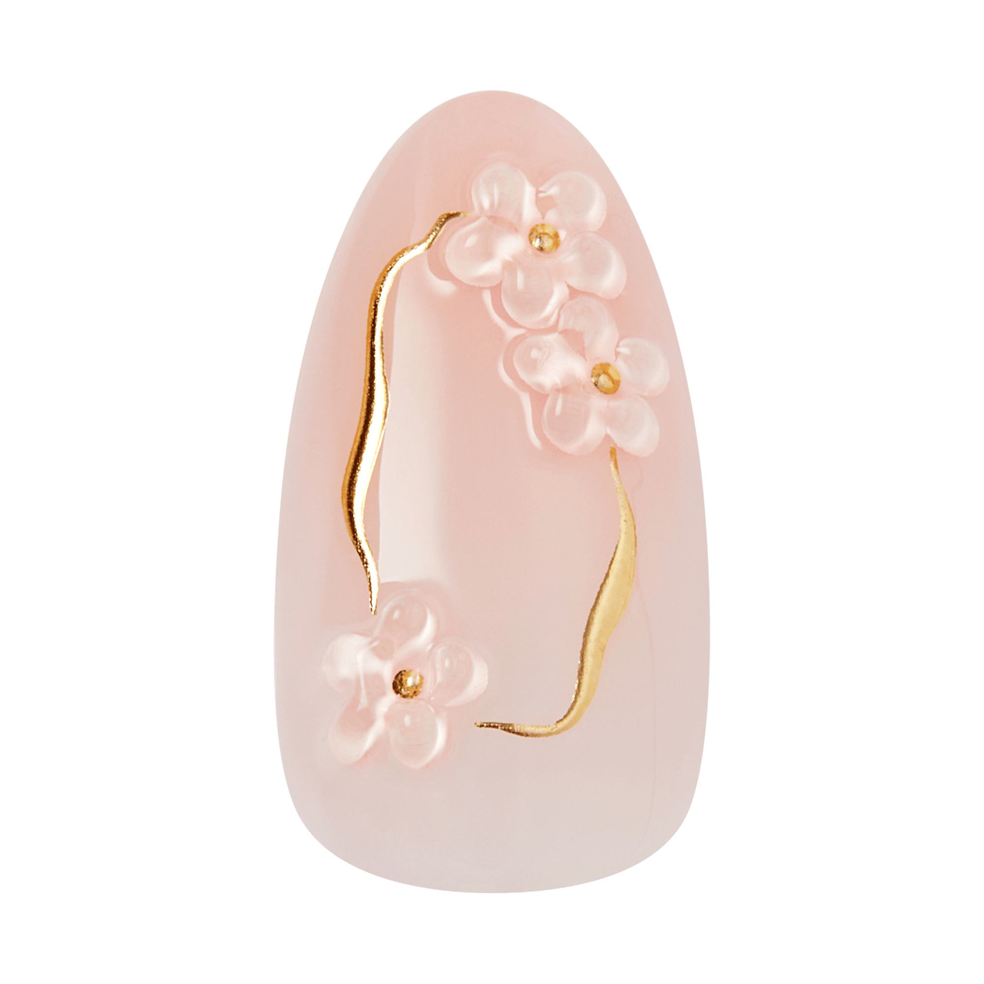 Pink nail art design with gold floral elements on a clear background