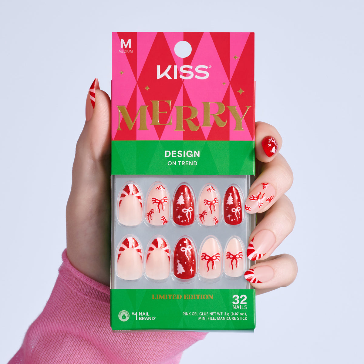 Kiss Merry Holiday Press On Fake Glue Nails - Twinkle All The Way | French Design, Red, Medium, Almond