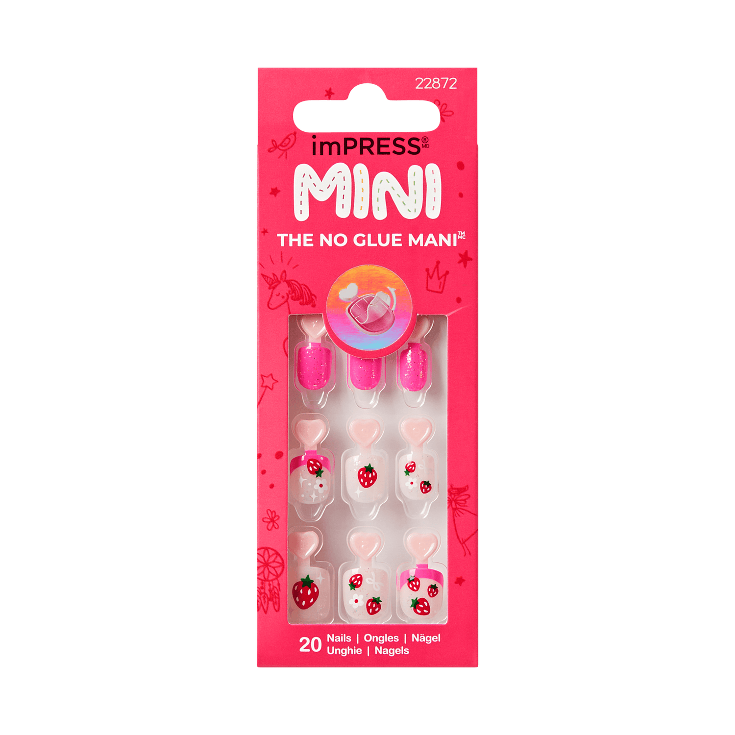 imPRESS MINI press-on nails with strawberry and heart designs, 20-piece set.