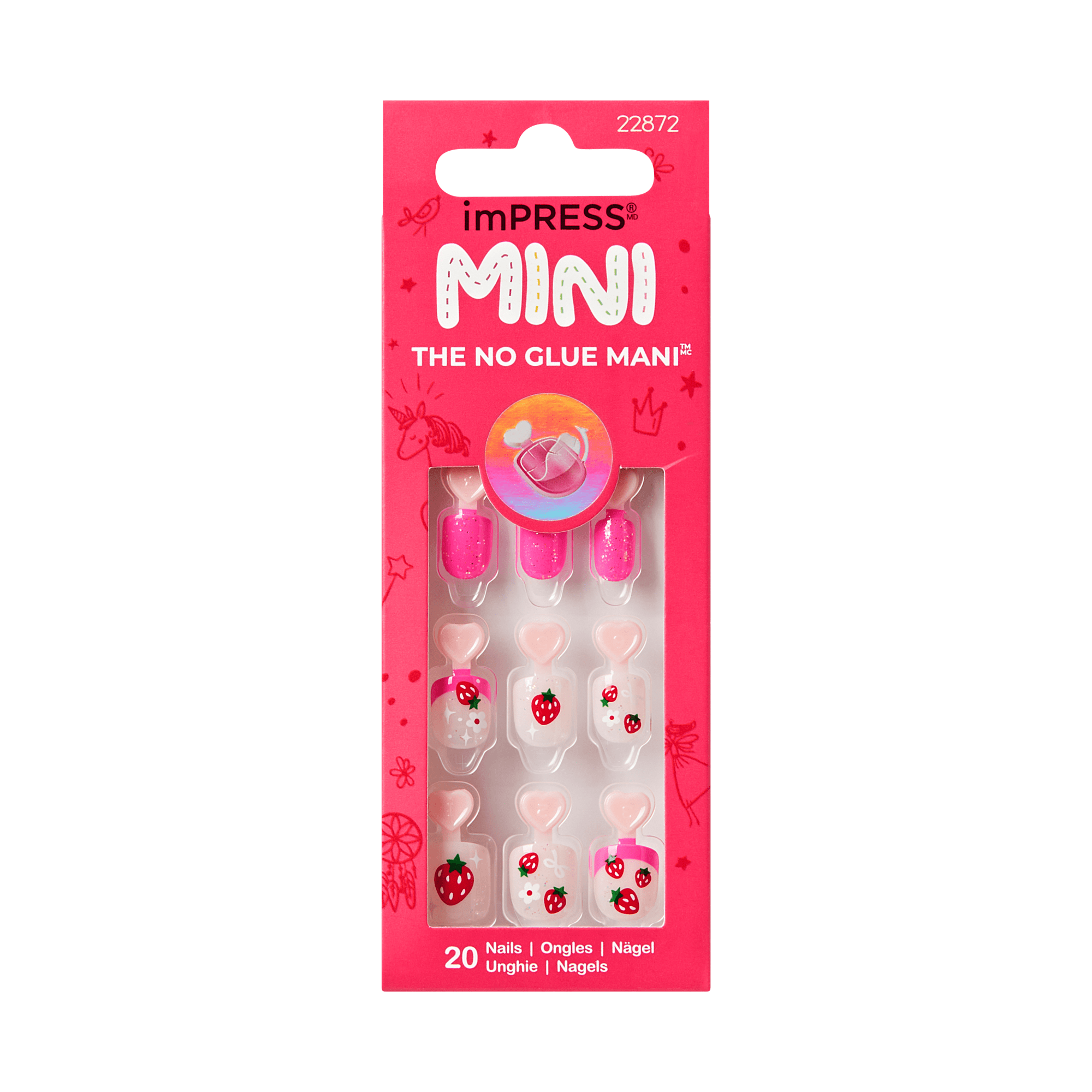 imPRESS MINI press-on nails with strawberry and heart designs, 20-piece set.