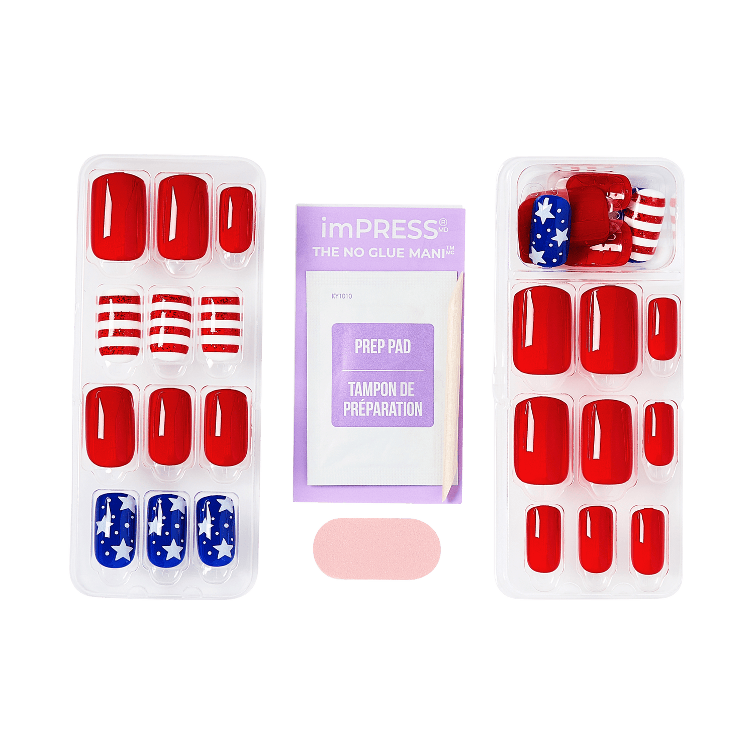 Set of red and blue nail chips with a preparation pad and pink file on a transparent background