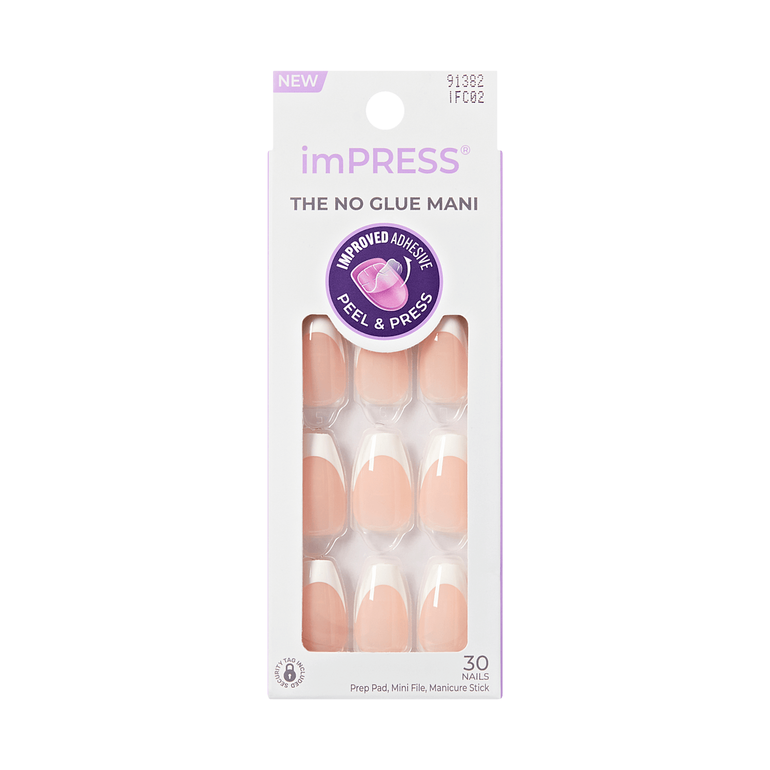 Impress French No Glue Fake Press On Nails - Ideal | French Tips, White &amp; Neutral, Medium, Coffin, Manicure