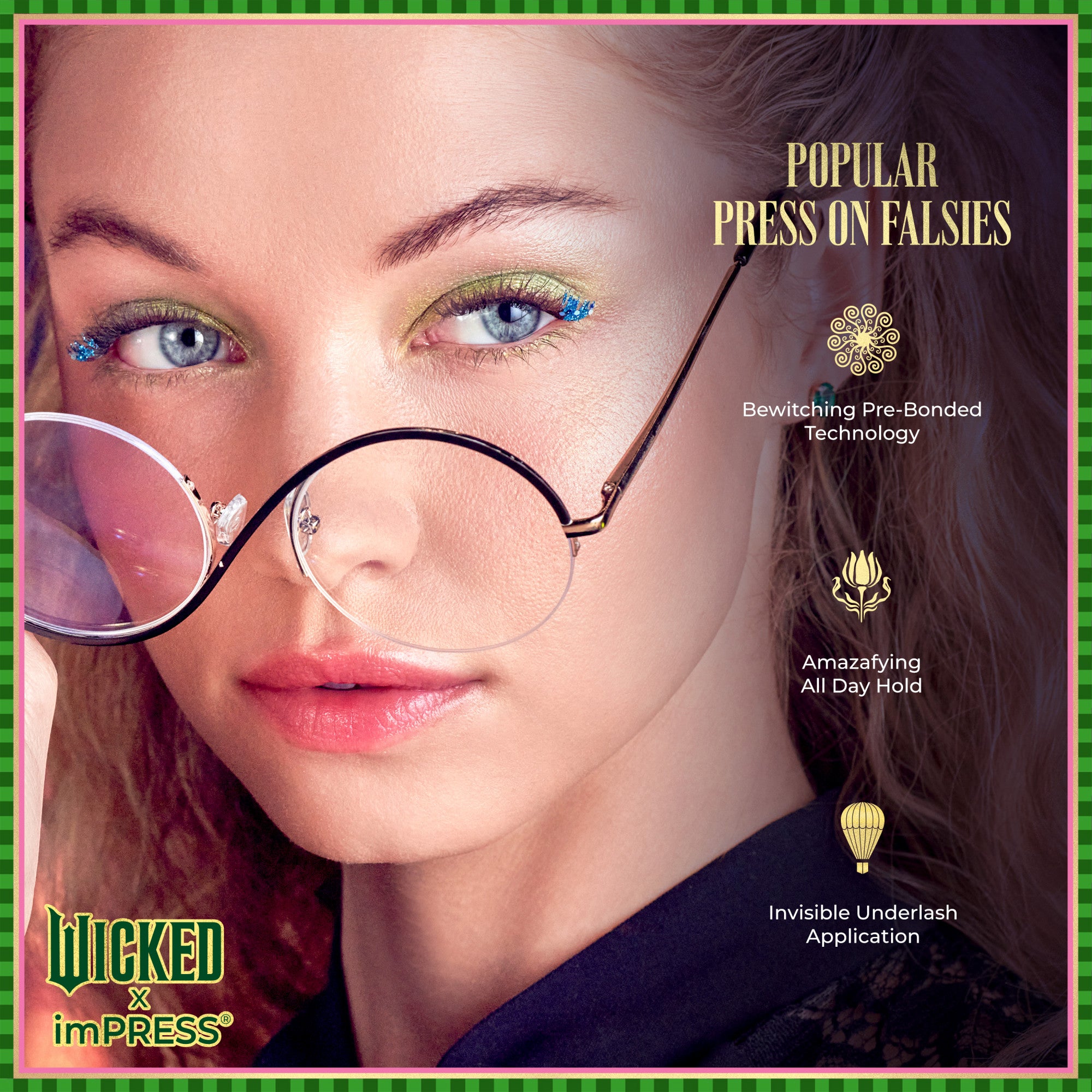 Close-up of a young woman with blue eyes wearing round glasses lowered on her nose, green and blue glitter eyeshadow with press-on falsies. Text highlights popular press-on falsies with pre-bonded technology, all day hold, and invisible underlash application.