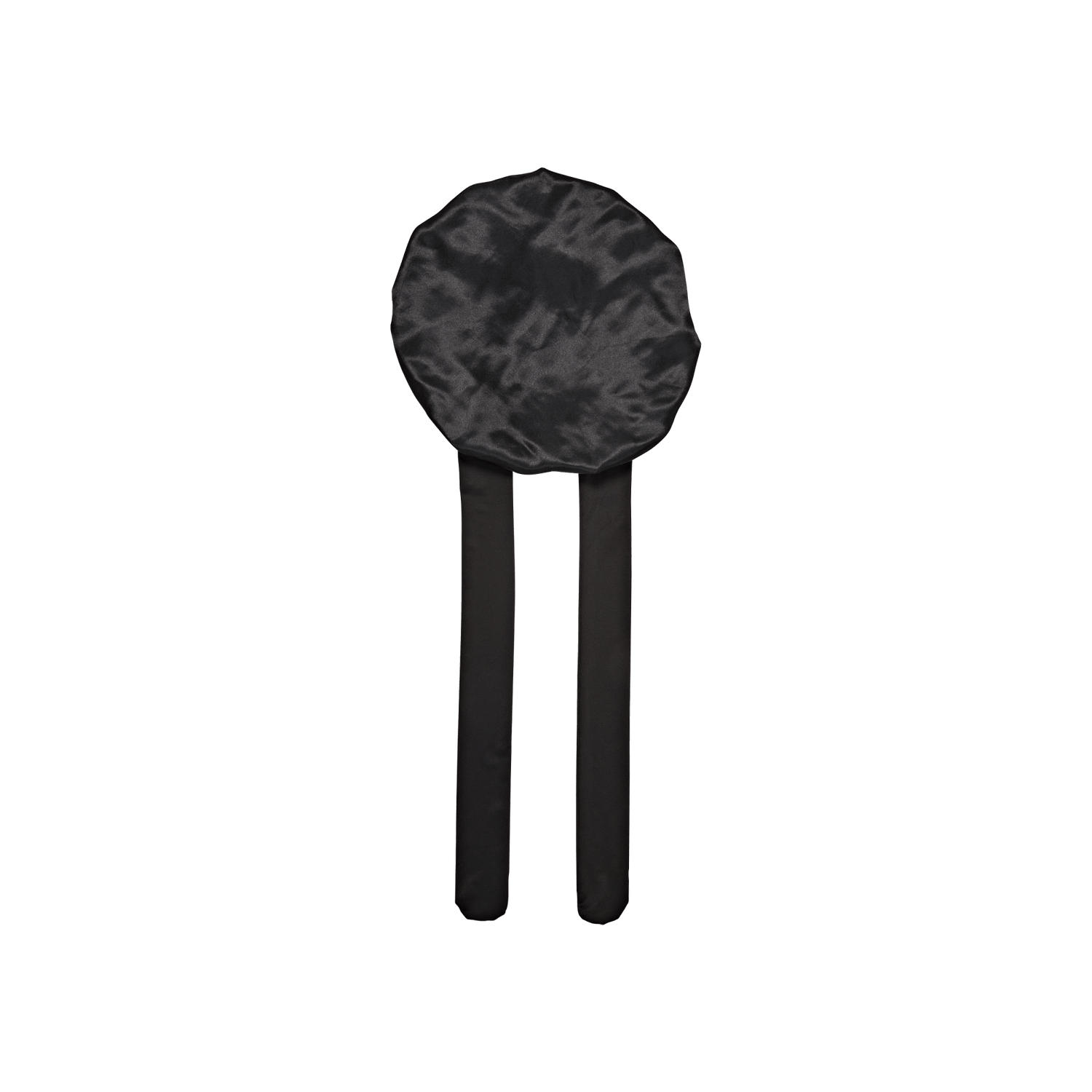 Black lollipop with round head and stick handle against white background.