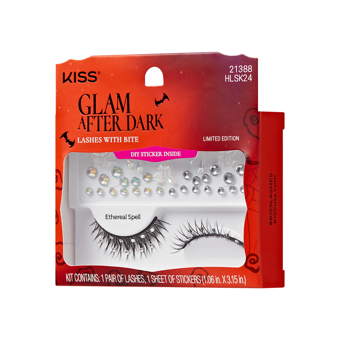 The image features a packaging for "KISS Glam After Dark" lashes, specifically the "Ethereal Spell" style. The box is designed with a Halloween theme, incorporating elements like bats and a dark color palette. Inside, it contains one pair of dramatic false eyelashes and a sheet of decorative stickers. The packaging is labeled as a limited edition, emphasizing its unique appeal. The overall aesthetic is playful and festive, suitable for special occasions or themed events.
