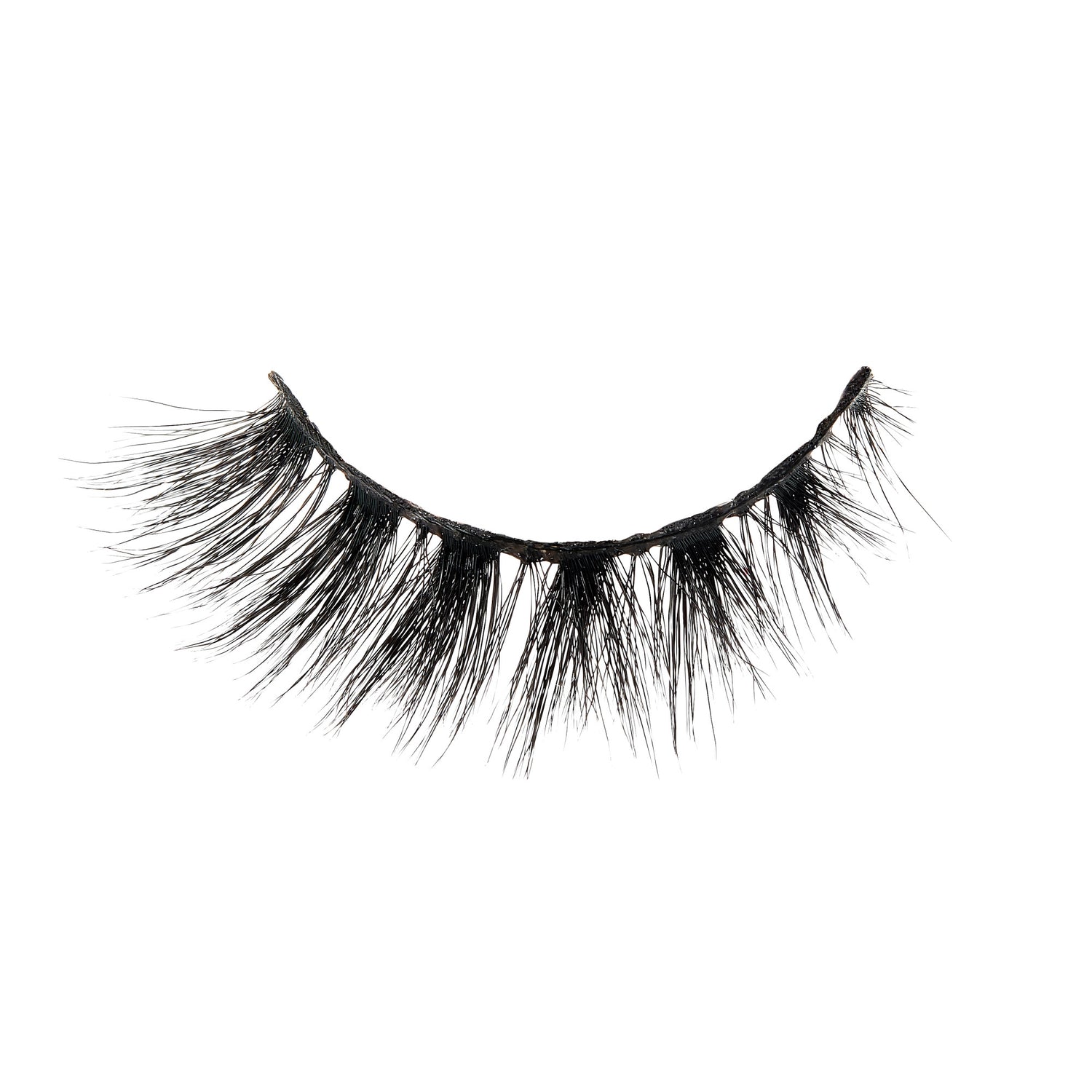 Dramatic black false eyelashes with full, voluminous lashes on black band.