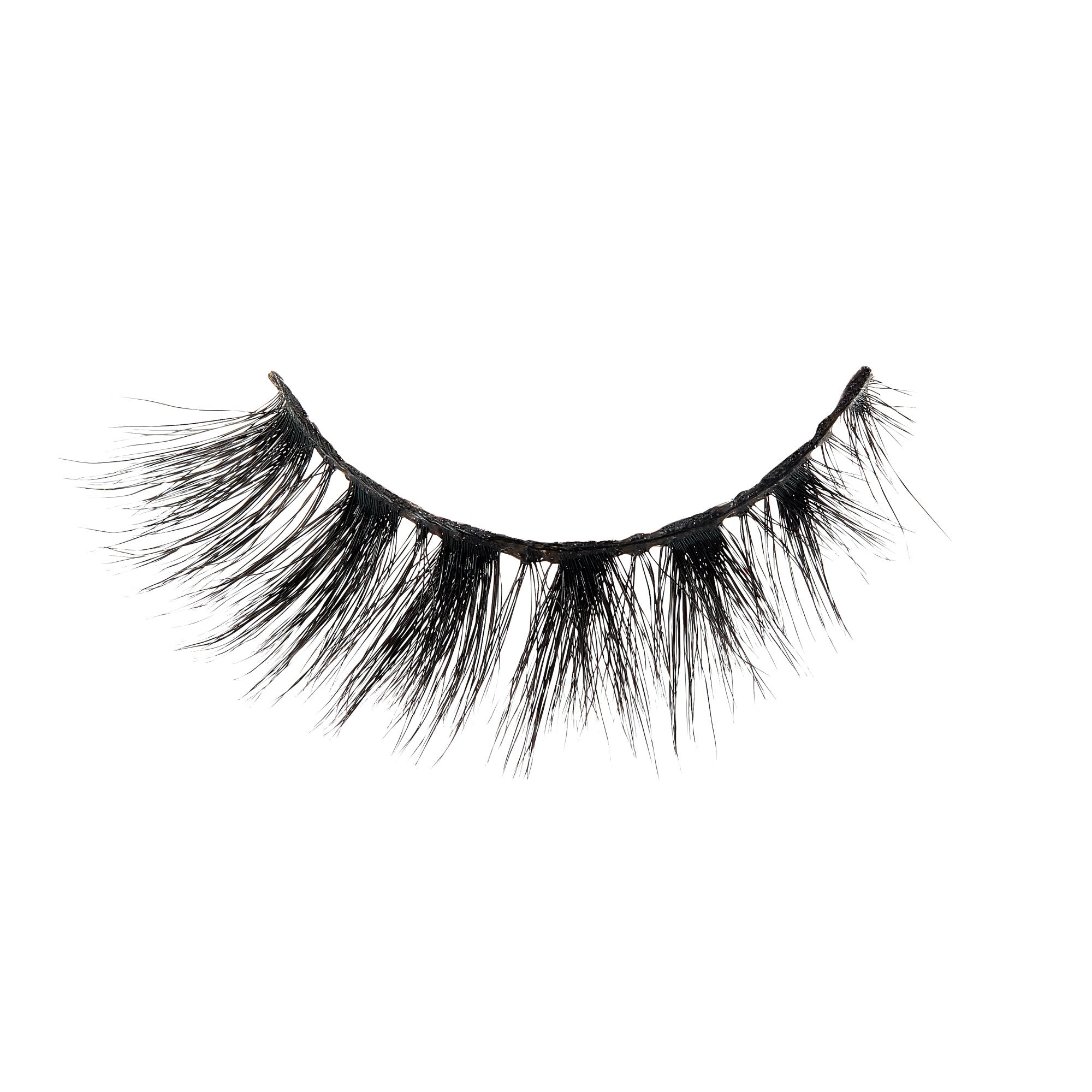 Dramatic black false eyelashes with full, voluminous lashes on black band.