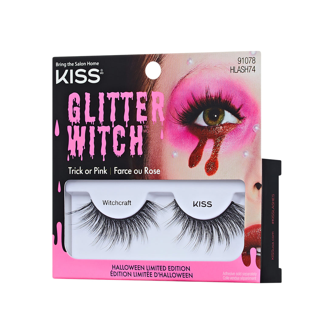 KISS Glitter Witch Halloween false eyelashes in Witchcraft style, pink packaging