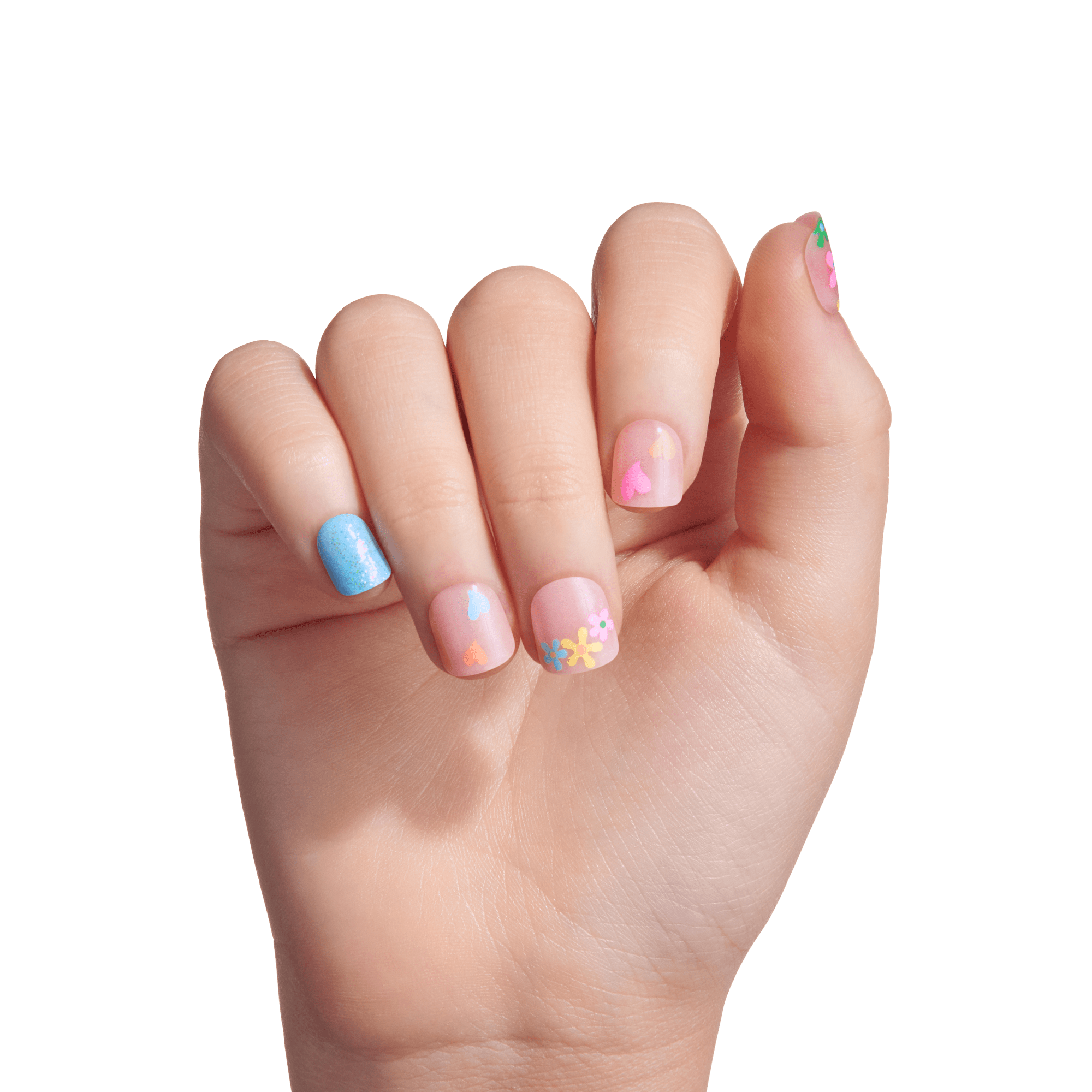 Hand displaying colorful nail art with blue, pink, and floral designs on short nails.