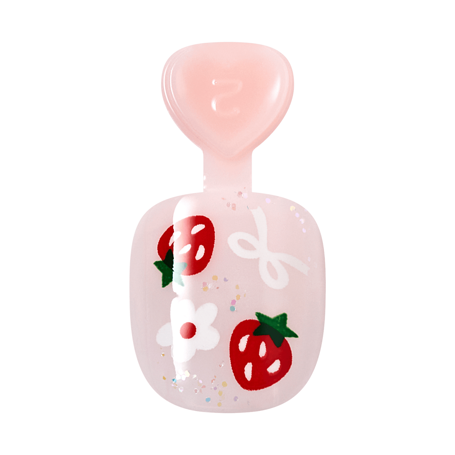 Pink perfume bottle with strawberry and flower designs