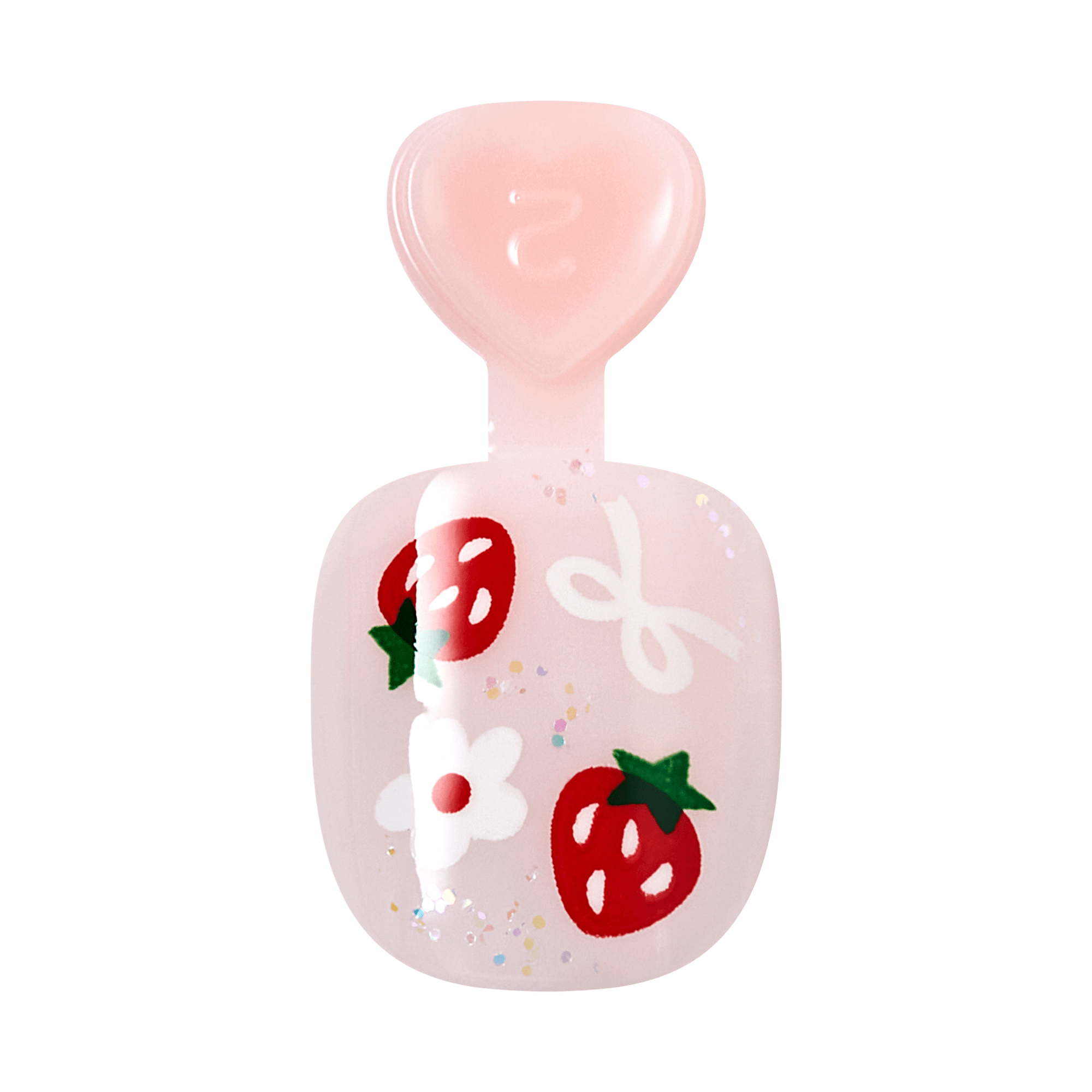 Pink perfume bottle with strawberry and flower designs
