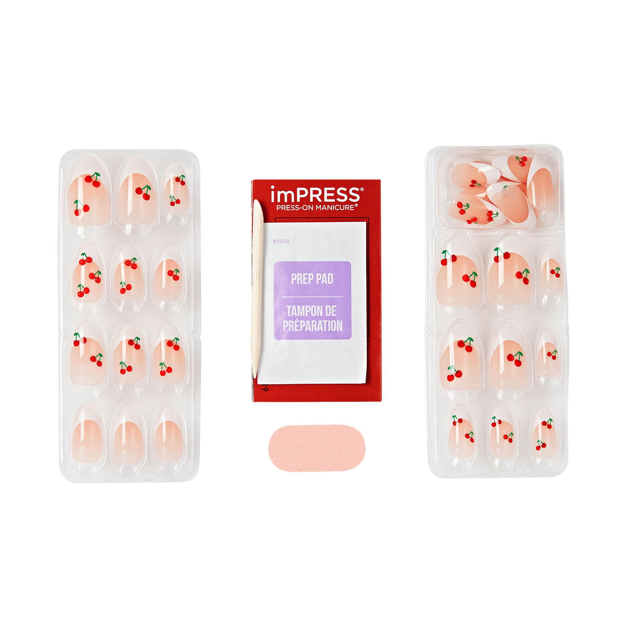 Packaging of imPRESS nail kit on a transparent background with nail prep pad and file