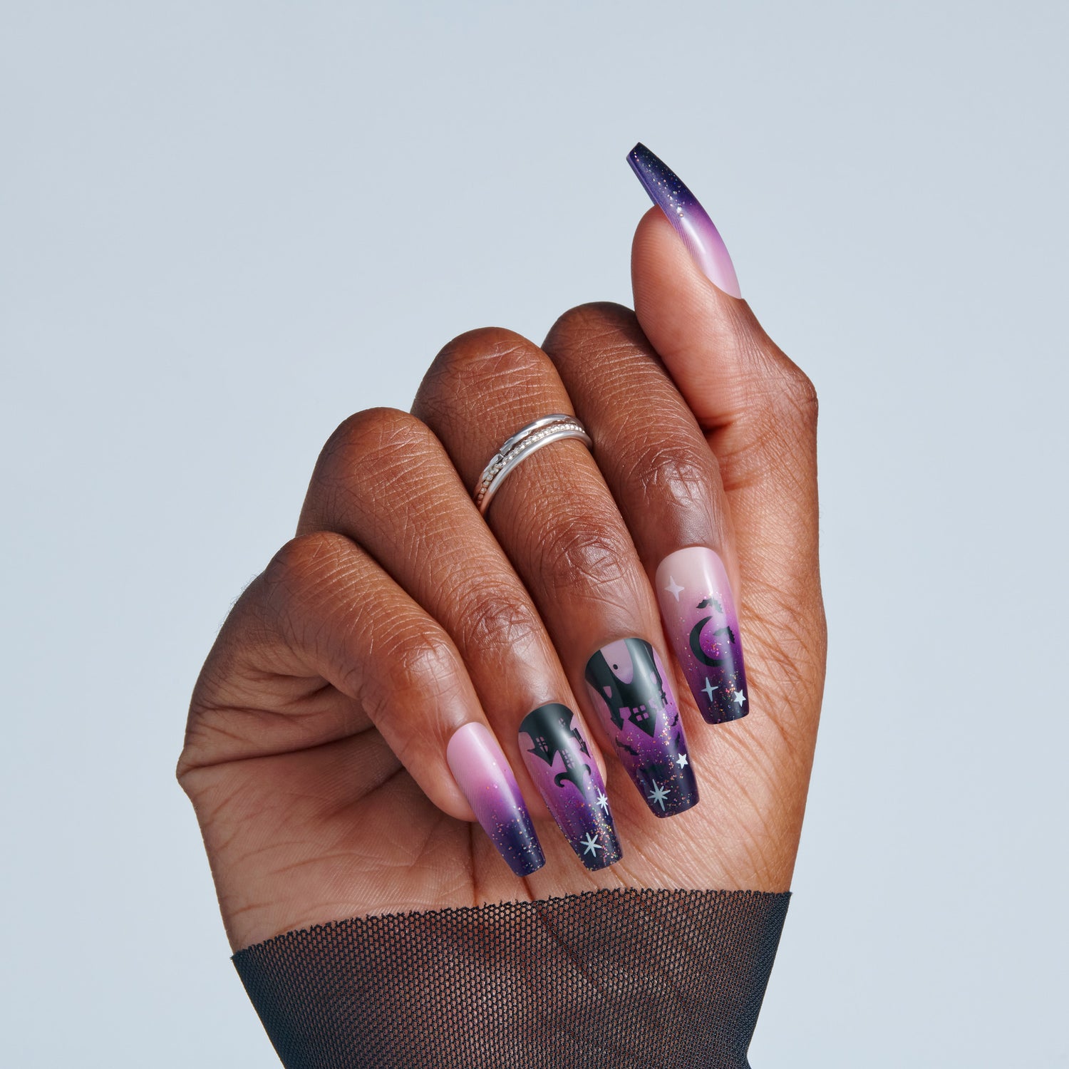 Kiss Haunt Halloween Press On Fake Glue Nails - After Dark | Design, Purple, Long, Coffin, Glow In The Dark
