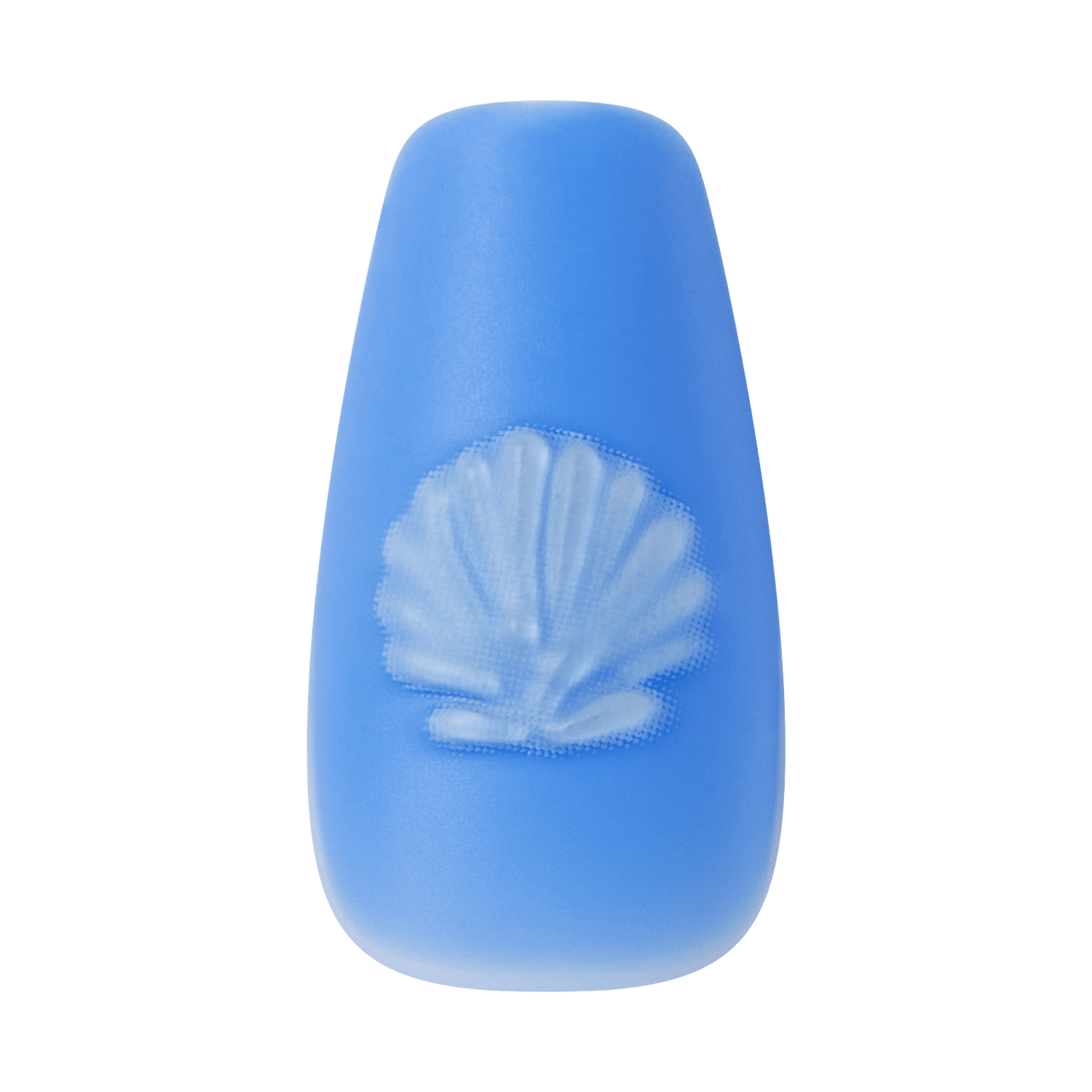 Single medium coffin-shaped press-on nail in blue with white embossed seashell design on a transparent background