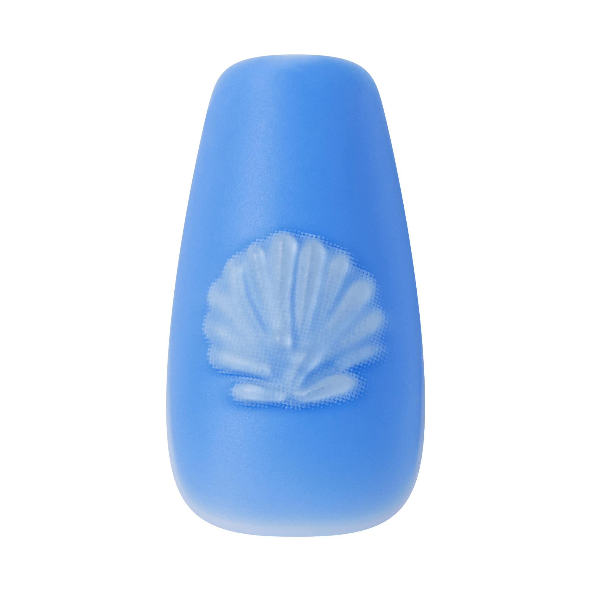 Single medium coffin-shaped press-on nail in blue with white embossed seashell design on a transparent background