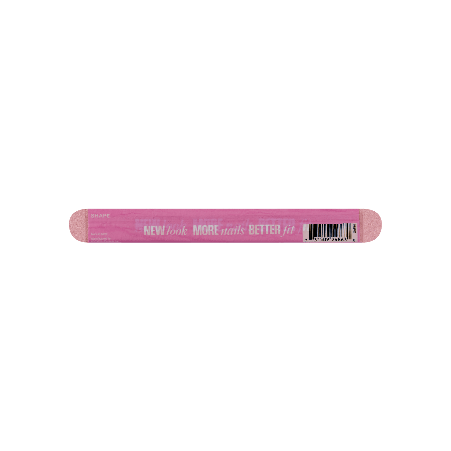 Pink nail file with "NEW look MORE nails BETTER fit" text and barcode label
