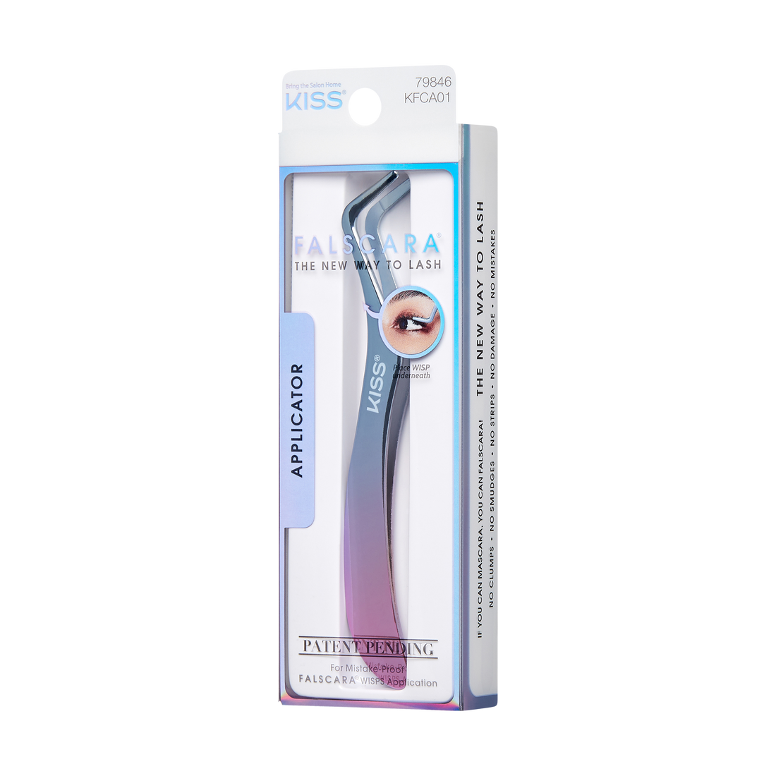 KISS FALSCARA eyelash applicator in metallic gradient blue to purple, angled tip shown, packaged with text highlighting no clumps, smudges, or damage and patent pending.