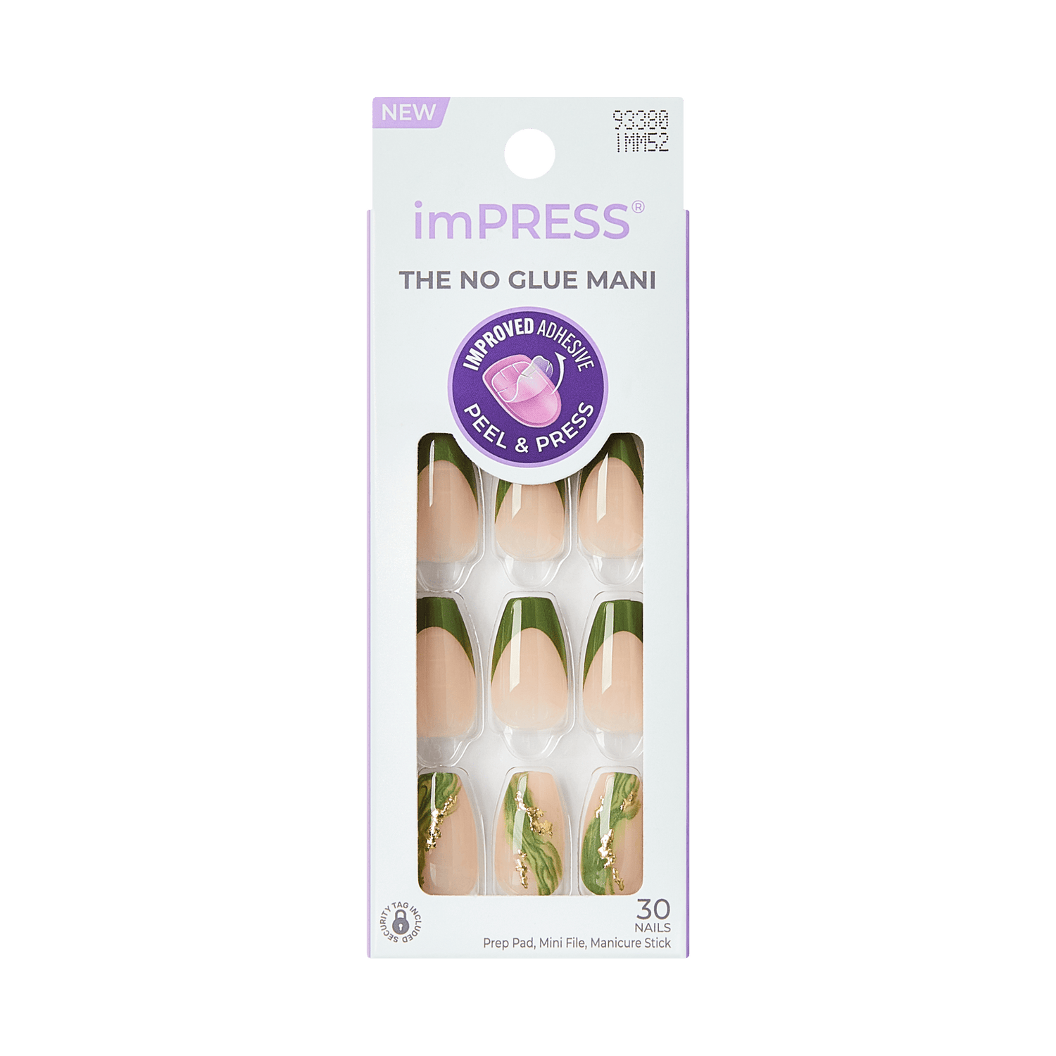 Impress Design No Glue Fake Press On Nails - Ballerina | French Design, Green, Medium, Coffin, Manicure