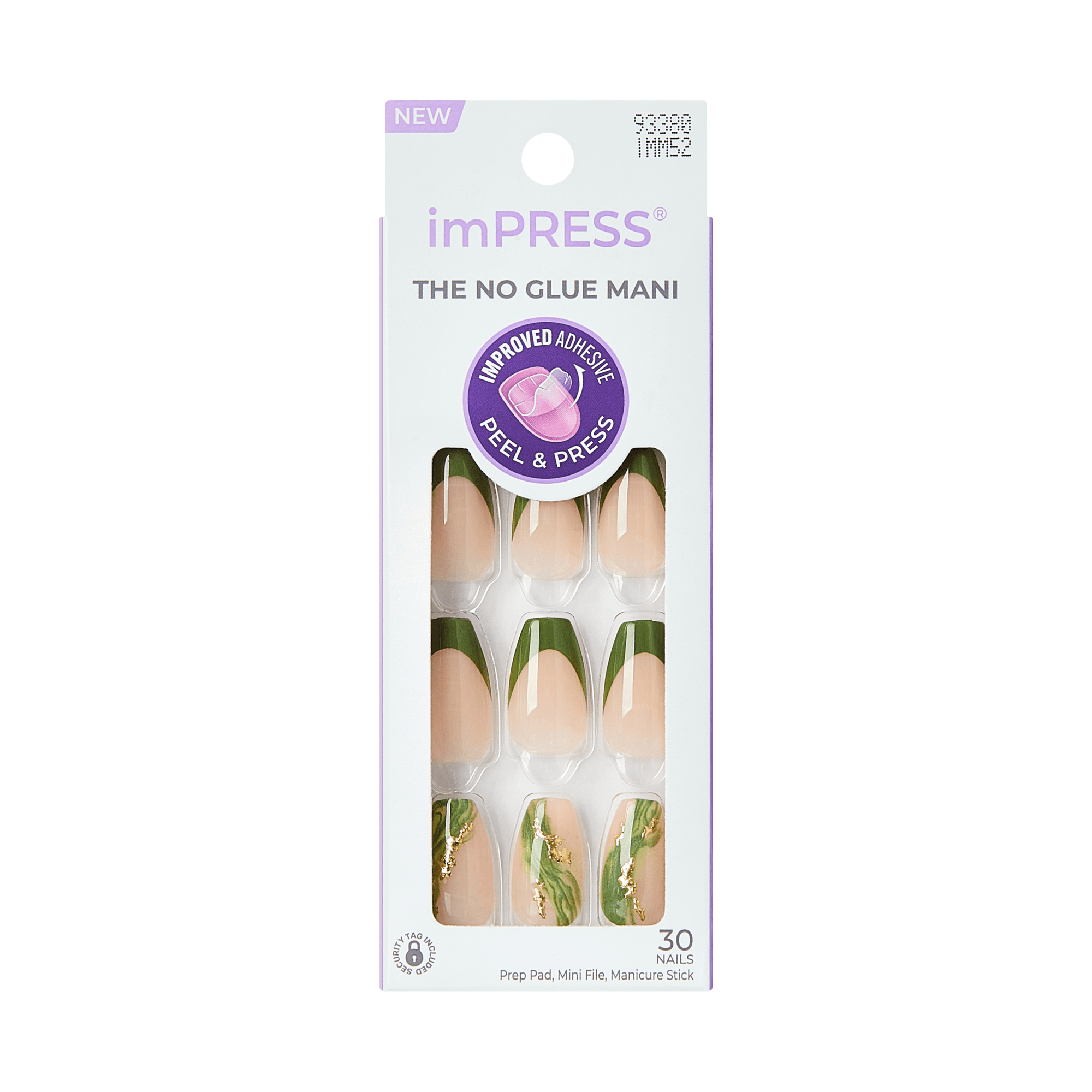 Impress Design No Glue Fake Press On Nails - Ballerina | French Design, Green, Medium, Coffin, Manicure