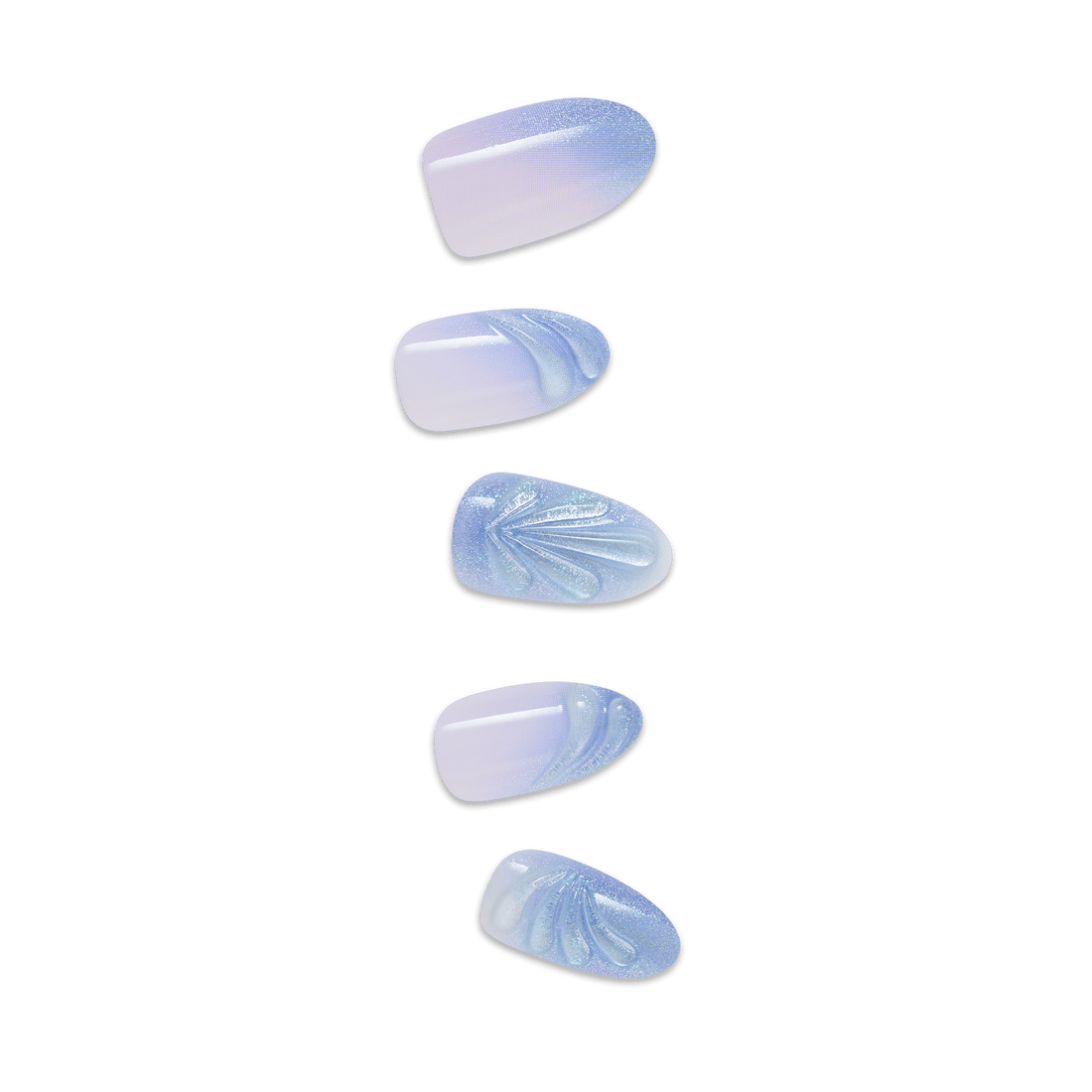 Five blue press on nails on a transparent background