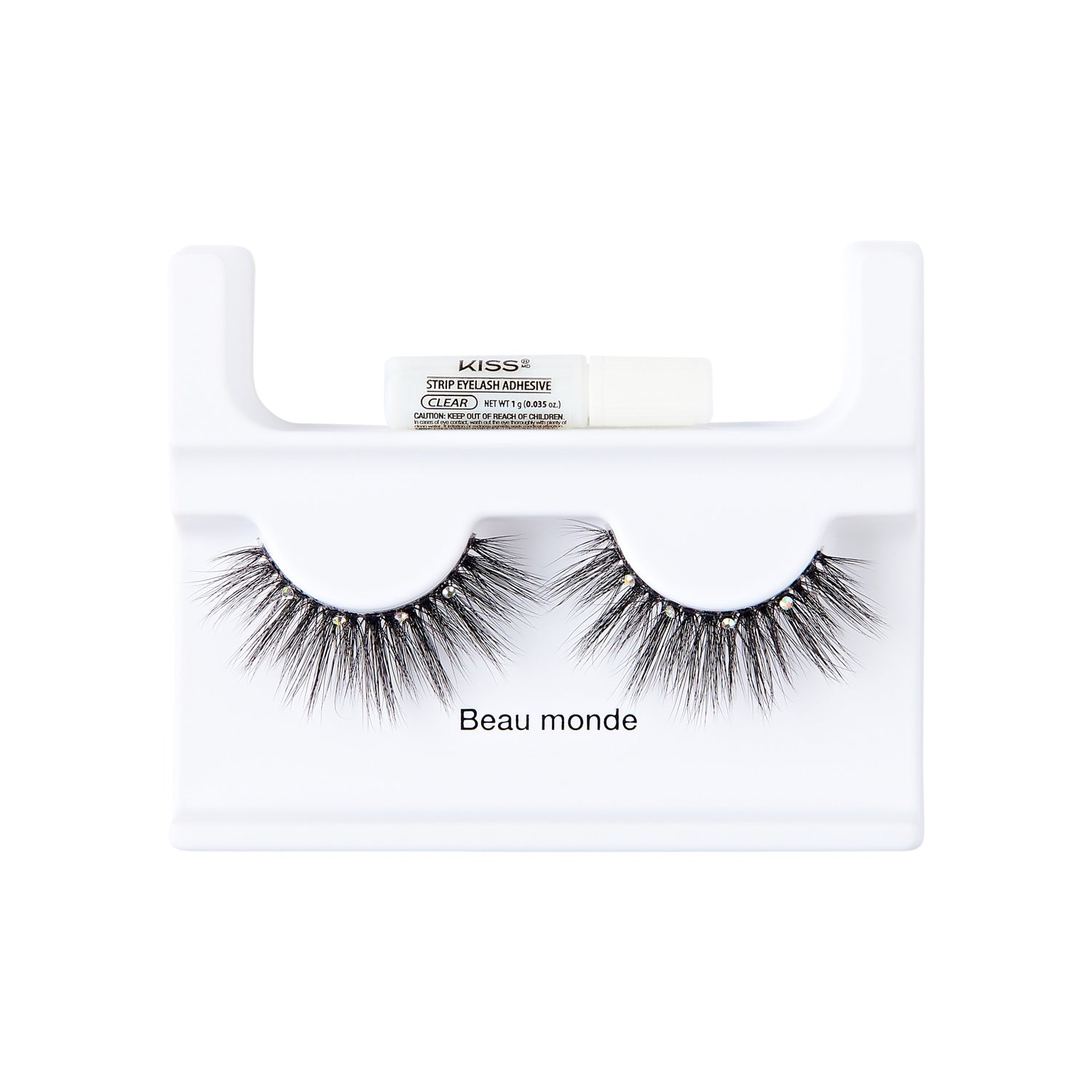 The image shows a set of false eyelashes displayed on a white plastic holder. The eyelashes are thick, black, and voluminous, with a slightly wispy appearance. The holder has two curved sections where the eyelashes are placed. Above the eyelashes, there is a small tube of adhesive labeled "KISS Strip Lash Adhesive." The brand name "Beau monde" is printed below the eyelashes on the holder. The overall presentation is clean and minimalistic, highlighting the eyelashes and adhesive.