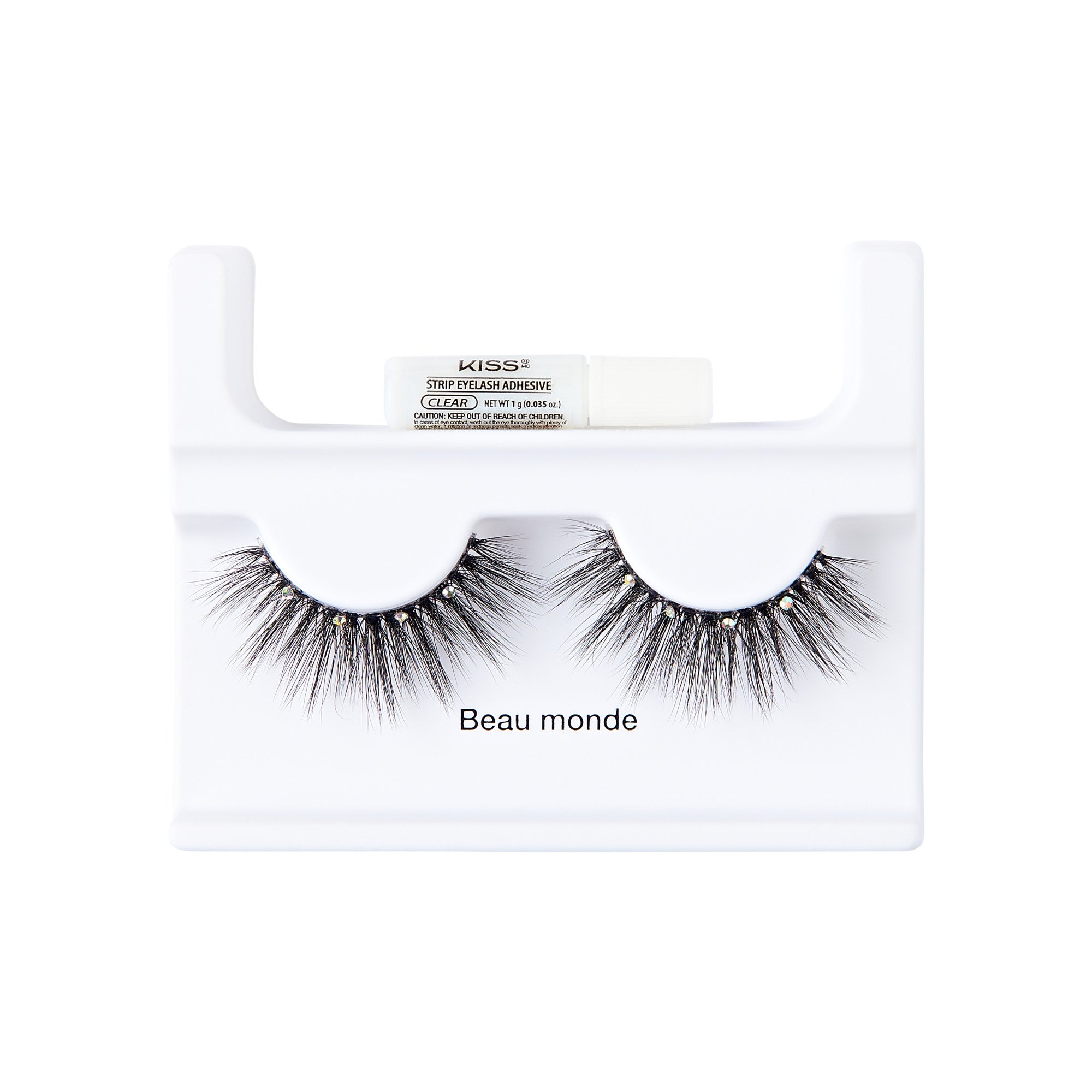 The image shows a set of false eyelashes displayed on a white plastic holder. The eyelashes are thick, black, and voluminous, with a slightly wispy appearance. The holder has two curved sections where the eyelashes are placed. Above the eyelashes, there is a small tube of adhesive labeled "KISS Strip Lash Adhesive." The brand name "Beau monde" is printed below the eyelashes on the holder. The overall presentation is clean and minimalistic, highlighting the eyelashes and adhesive.