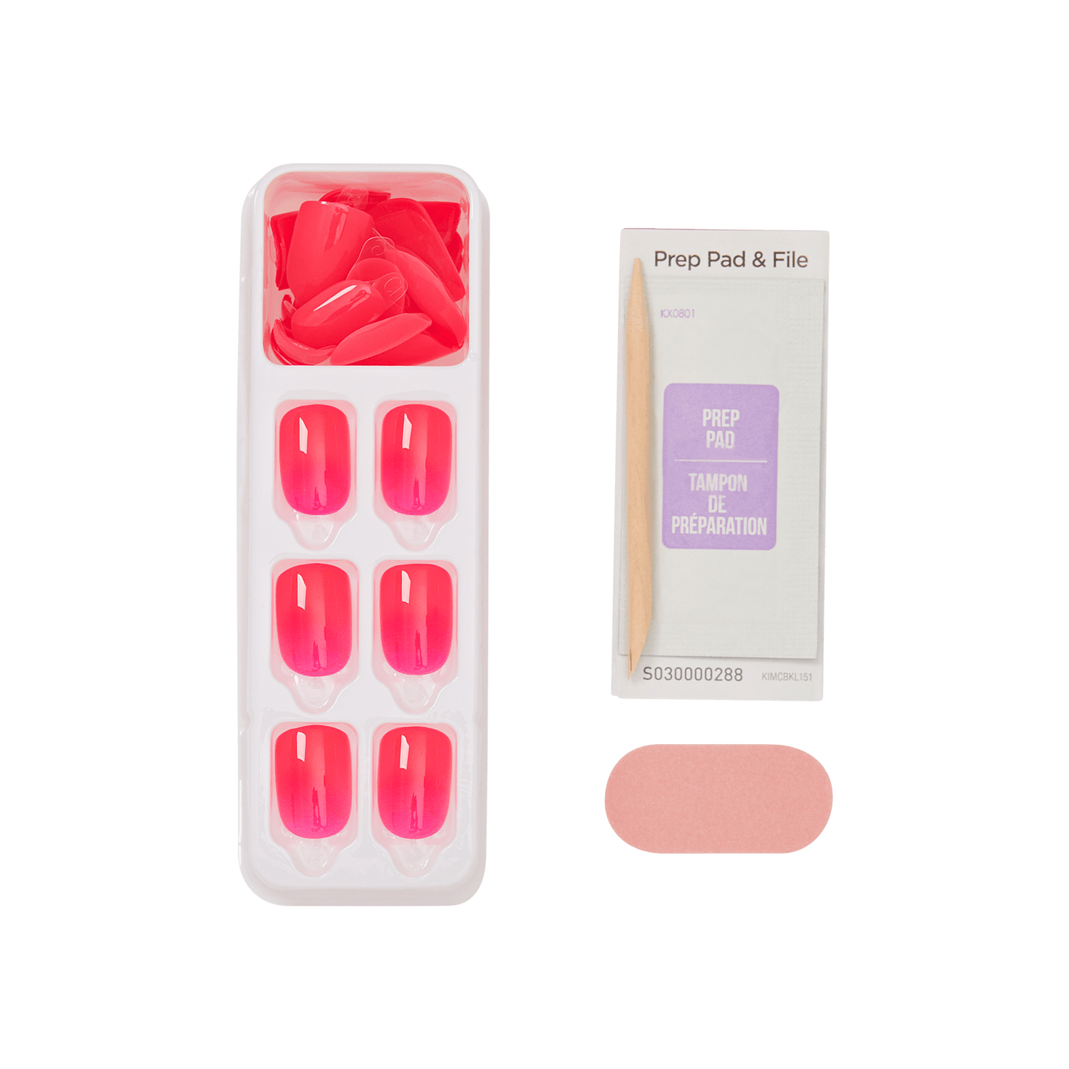Set of pink nail pads in a container with a prep pad and file on a green background