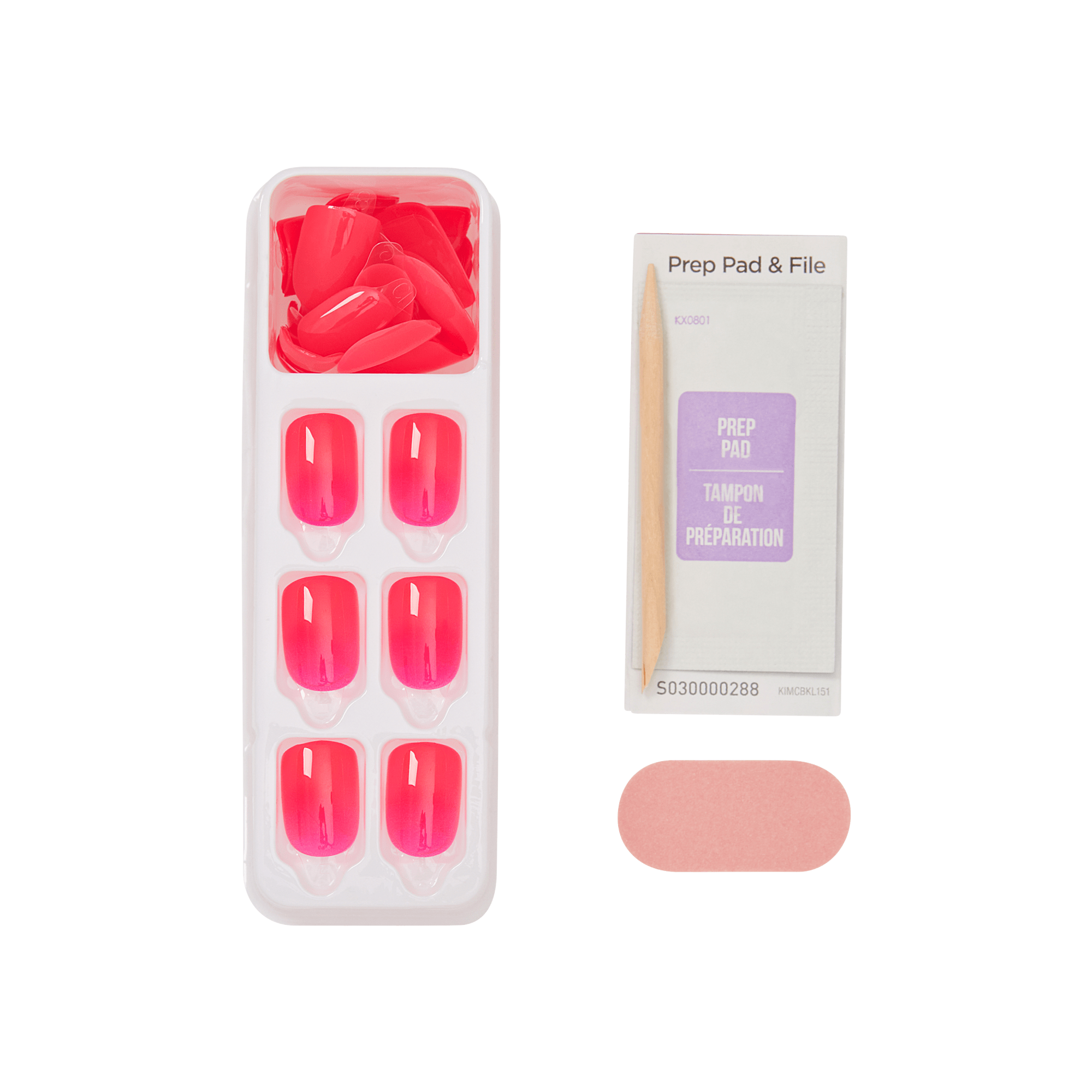 Set of pink nail pads in a container with a prep pad and file on a green background