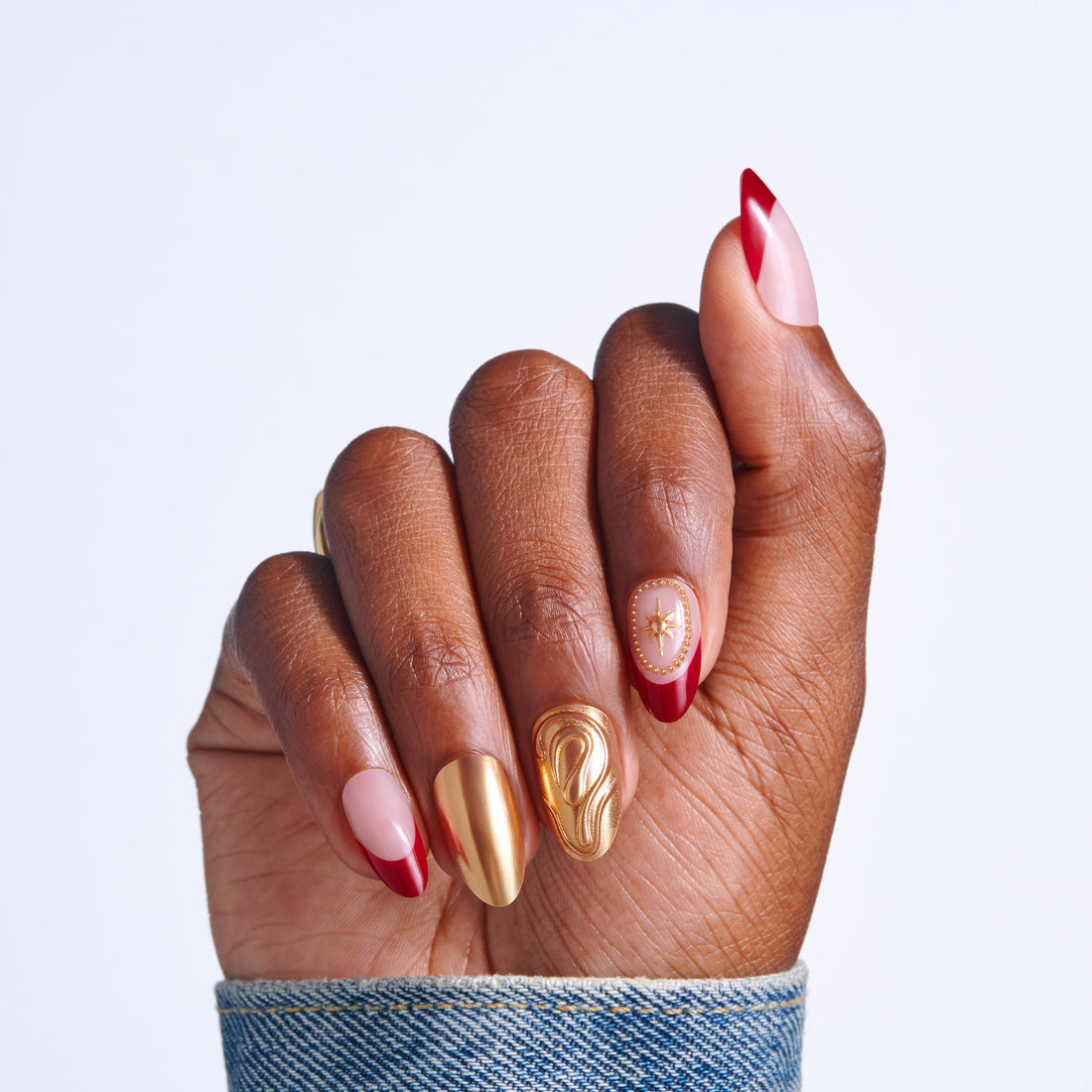 Kiss Glam 3D &amp; Jeweled Press On Fake Glue Nails - Weekends | 3D &amp; Jewel Design, Red, Medium, Almond