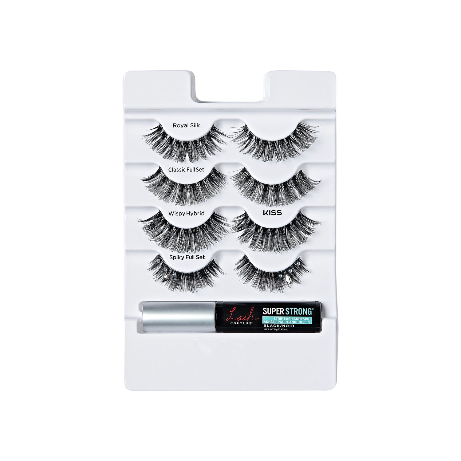 Four pairs of black false eyelashes labeled Royal Silk, Classic Full Set, Wispy Hybrid, and Spiky Full Set with small rhinestones, plus a tube of black Super Strong eyelash adhesive on a white tray.