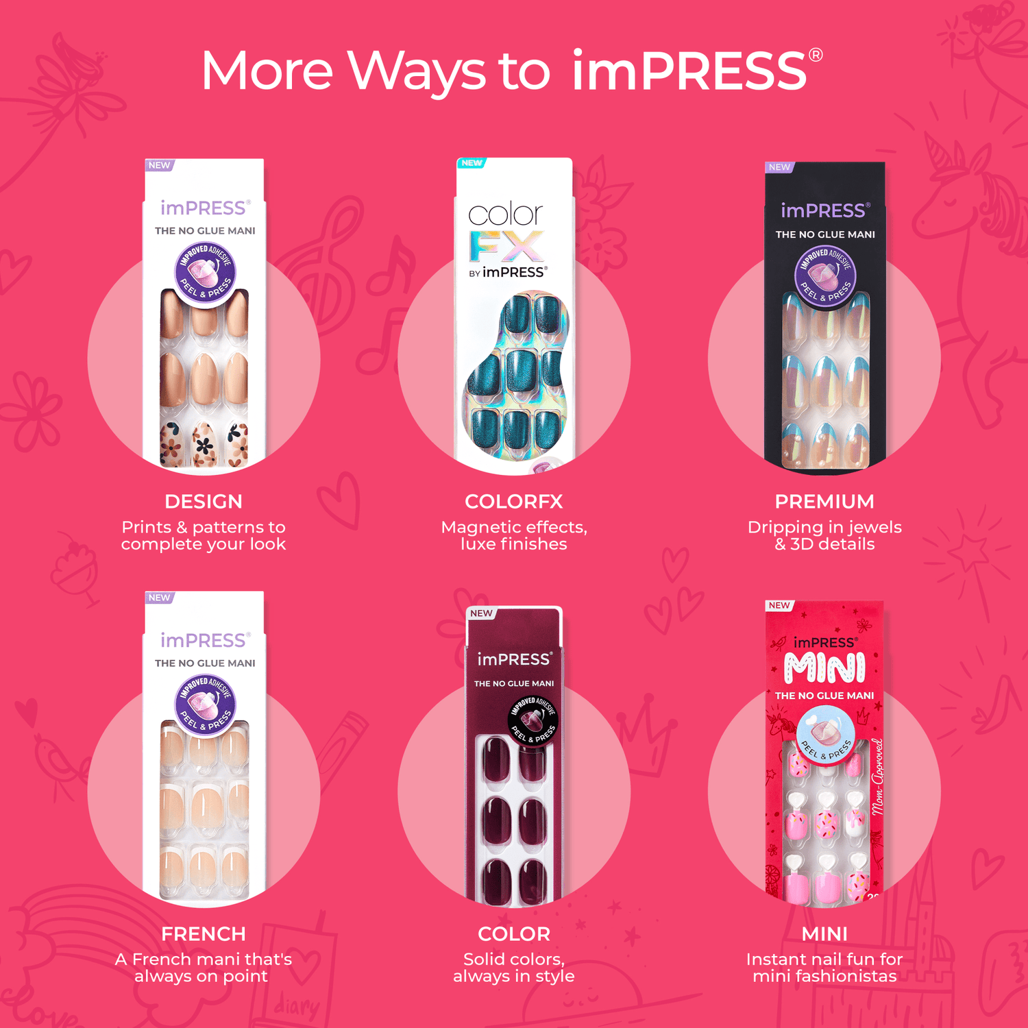 imPRESS nail art products on a pink background with product names and descriptions.