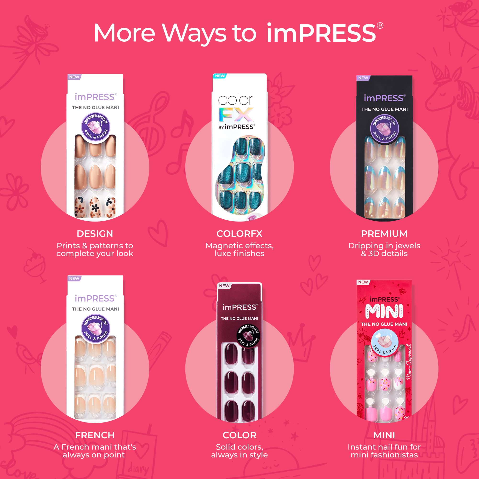 imPRESS nail art products on a pink background with product names and descriptions.