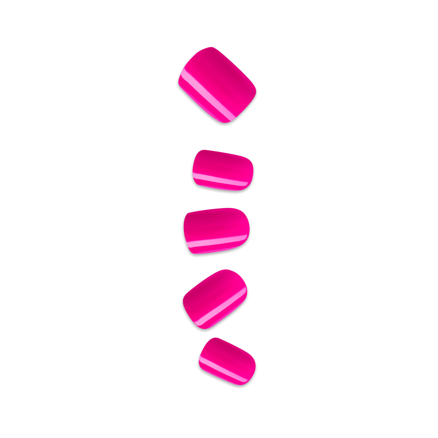 Bright pink glossy press-on nails in various sizes, arranged vertically with a subtle black outline, shown against a transparent background.