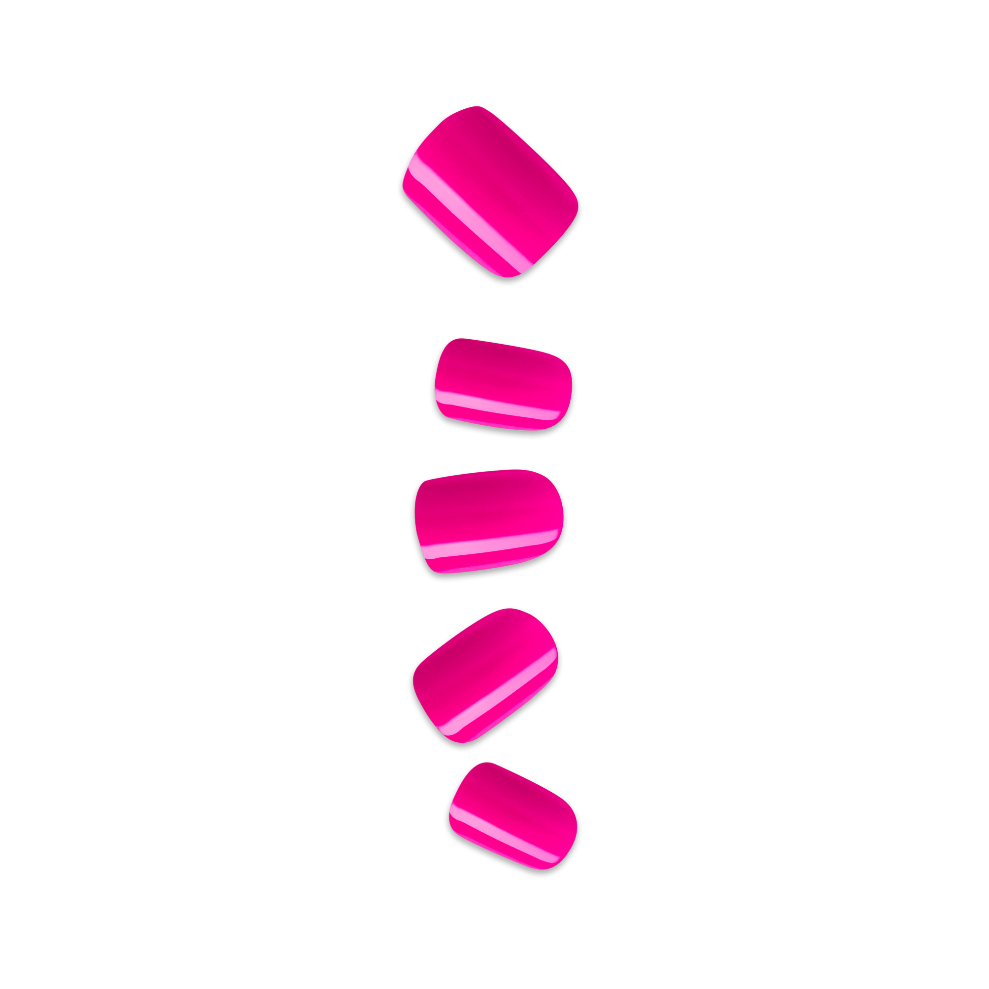 Bright pink glossy press-on nails in various sizes, arranged vertically with a subtle black outline, shown against a transparent background.