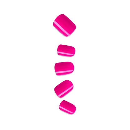 Bright pink glossy press-on nails in various sizes, arranged vertically with a subtle black outline, shown against a transparent background.