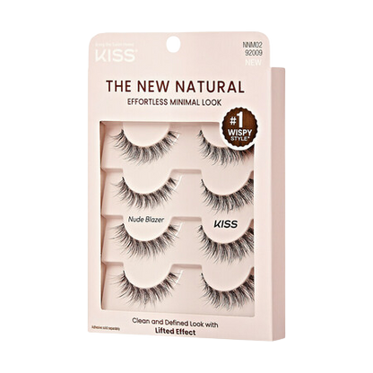 KISS The New Natural Lash 4-pair multipack in Nude Blazer, featuring wispy, natural-looking false eyelashes in a pale pink box with minimal design and product claims.