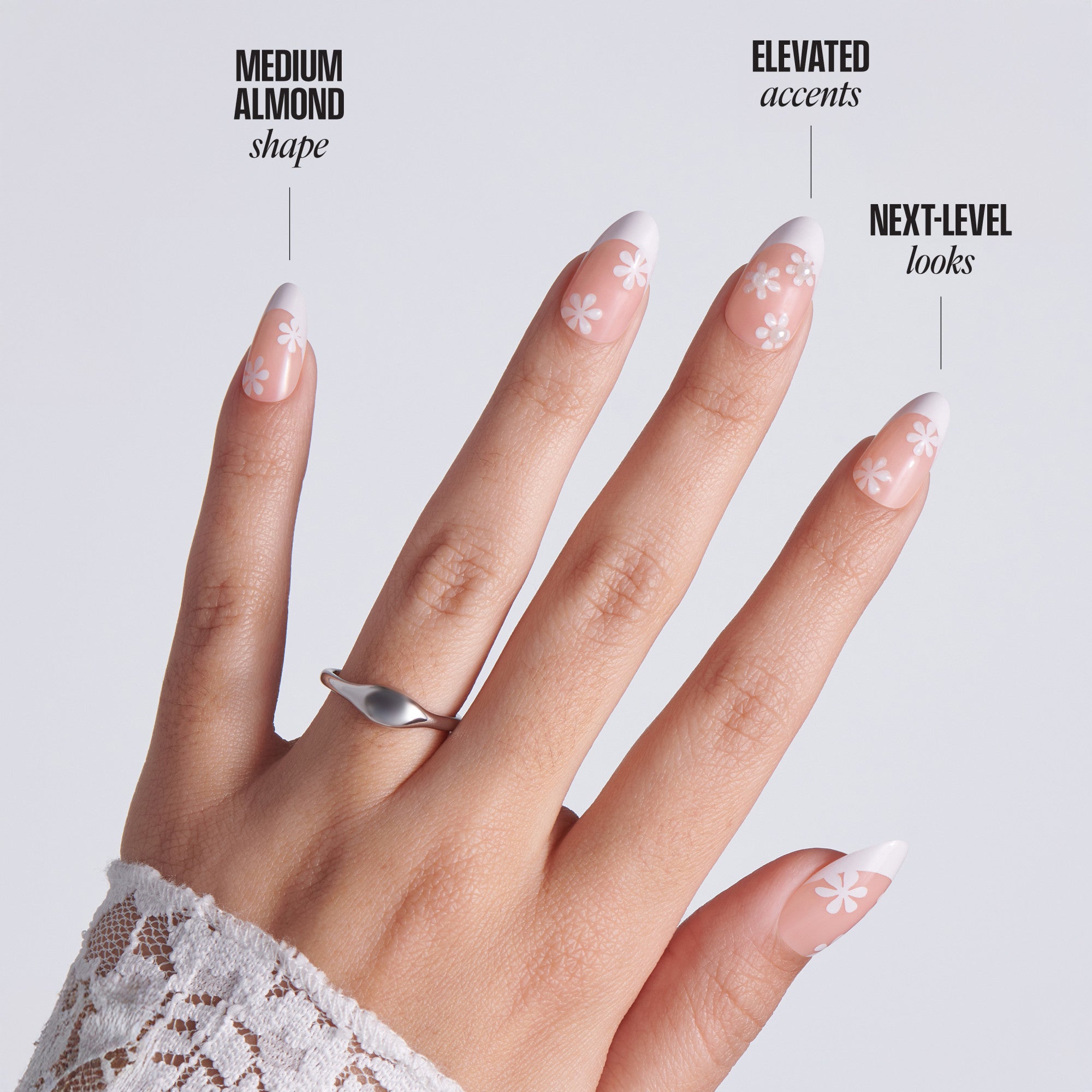 Kiss Glam Jeweled Press On Fake Glue Nails - Crystal Bloom | 3D &amp; Jeweled French Design, White, Medium, Almond
